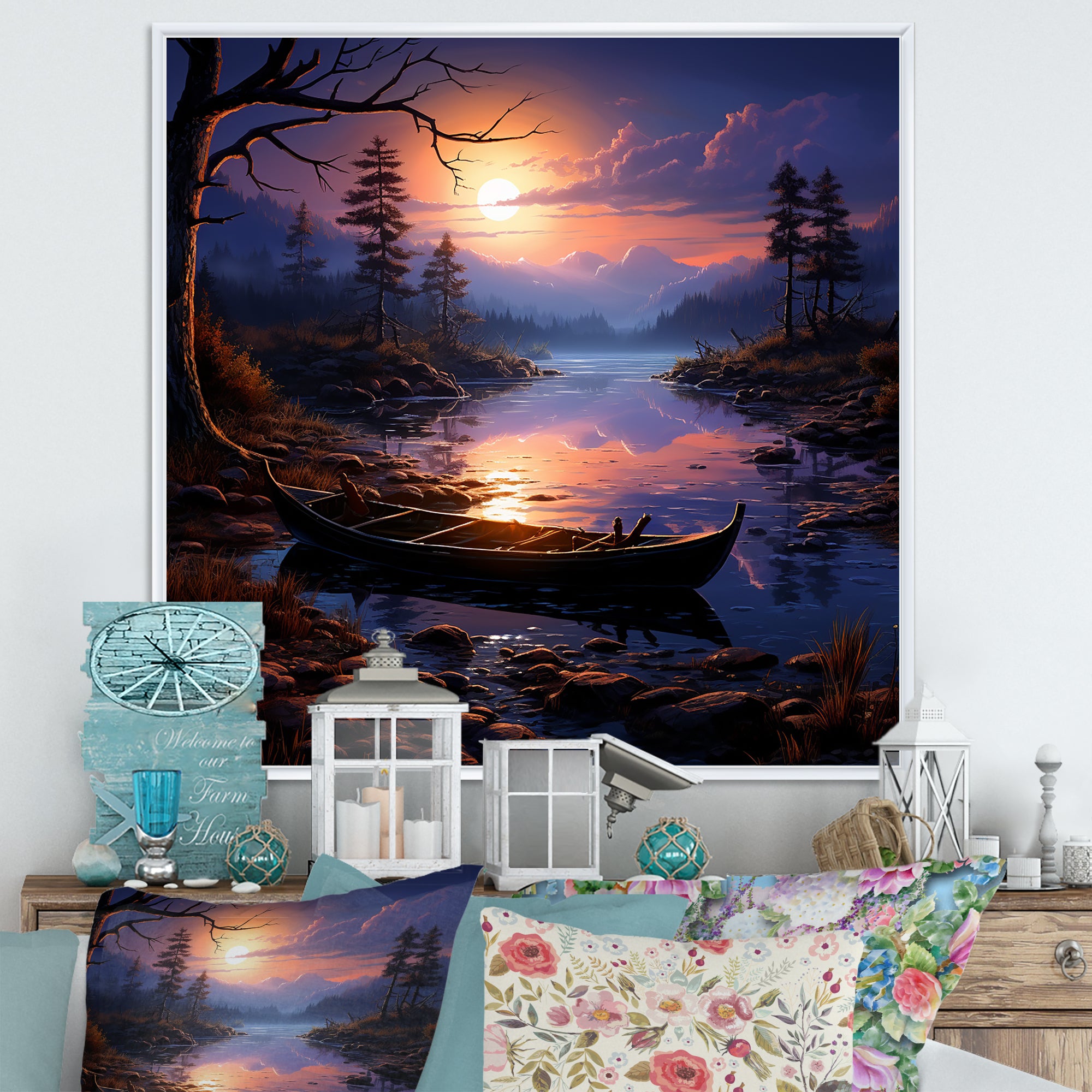Purple and orange Moonlit Fishing Voyage - Boat Fishing Canvas Wall Art
