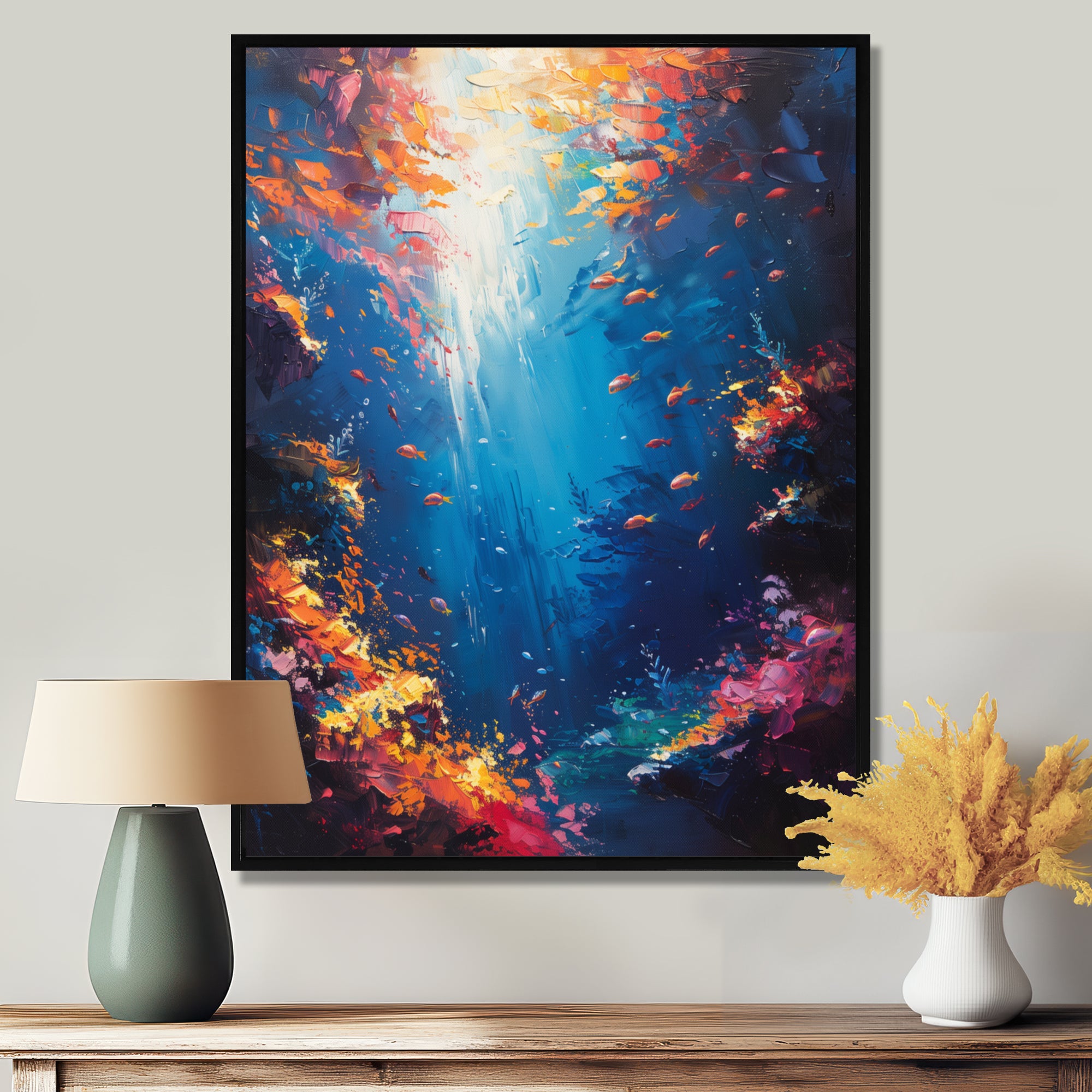 Blue orange coral clownfish Marine life - Coral Framed Canvas Art