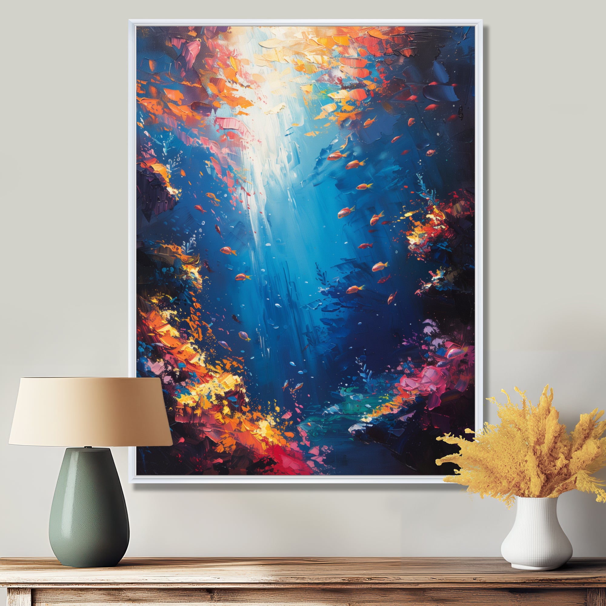 Blue orange coral clownfish Marine life - Coral Framed Canvas Art