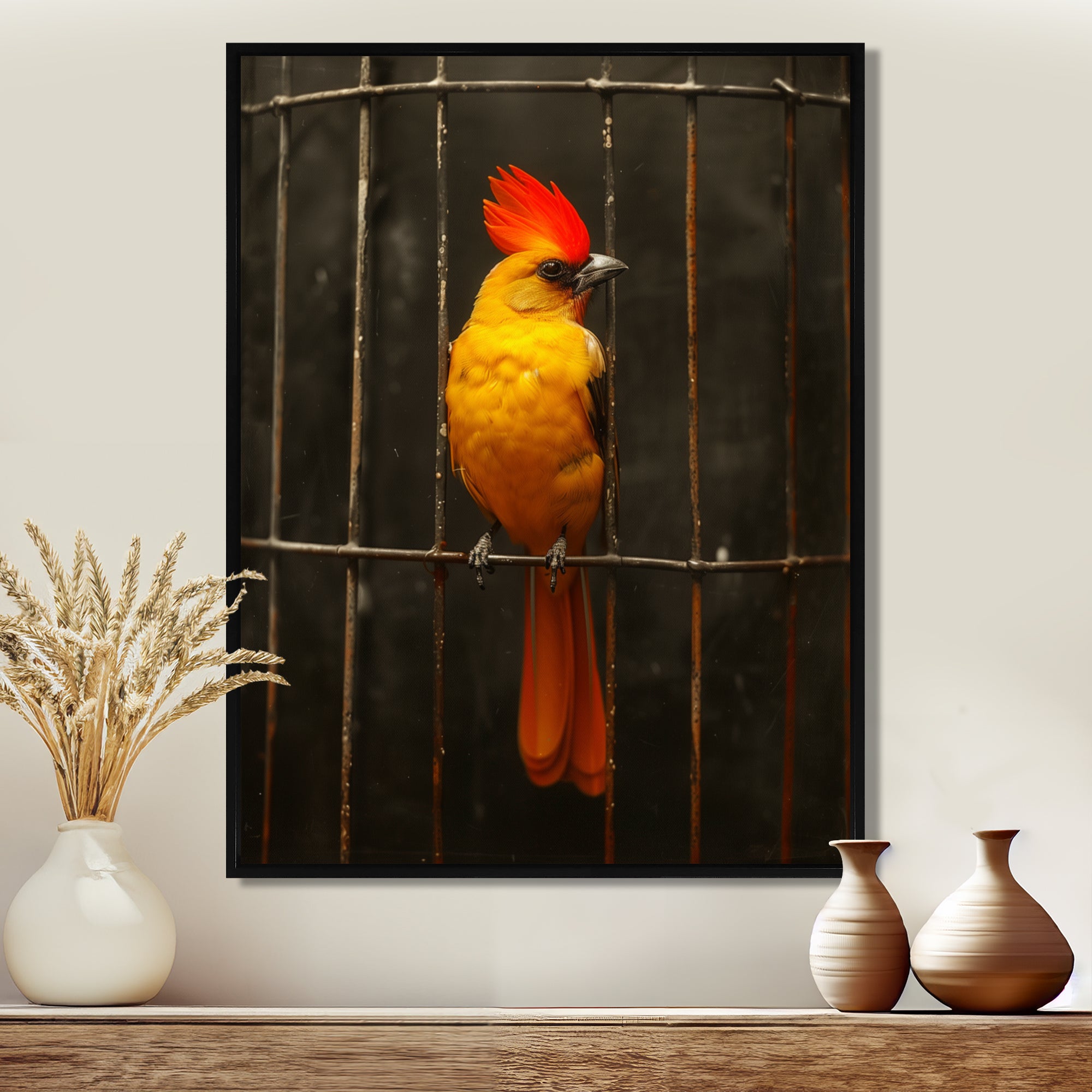 Yellow red Caged Bird elegance - Bird Canvas Wall Art