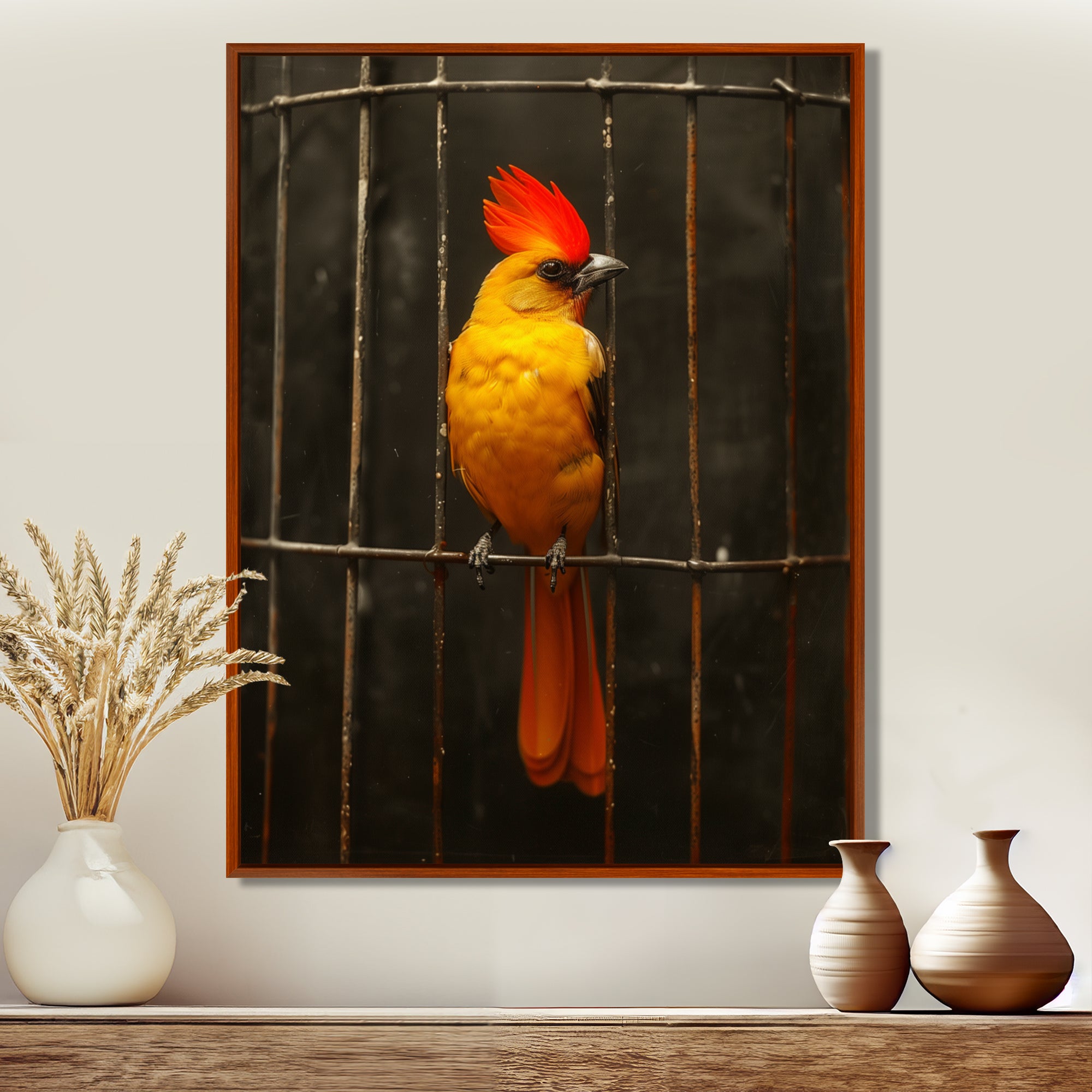 Yellow red Caged Bird elegance - Bird Canvas Wall Art