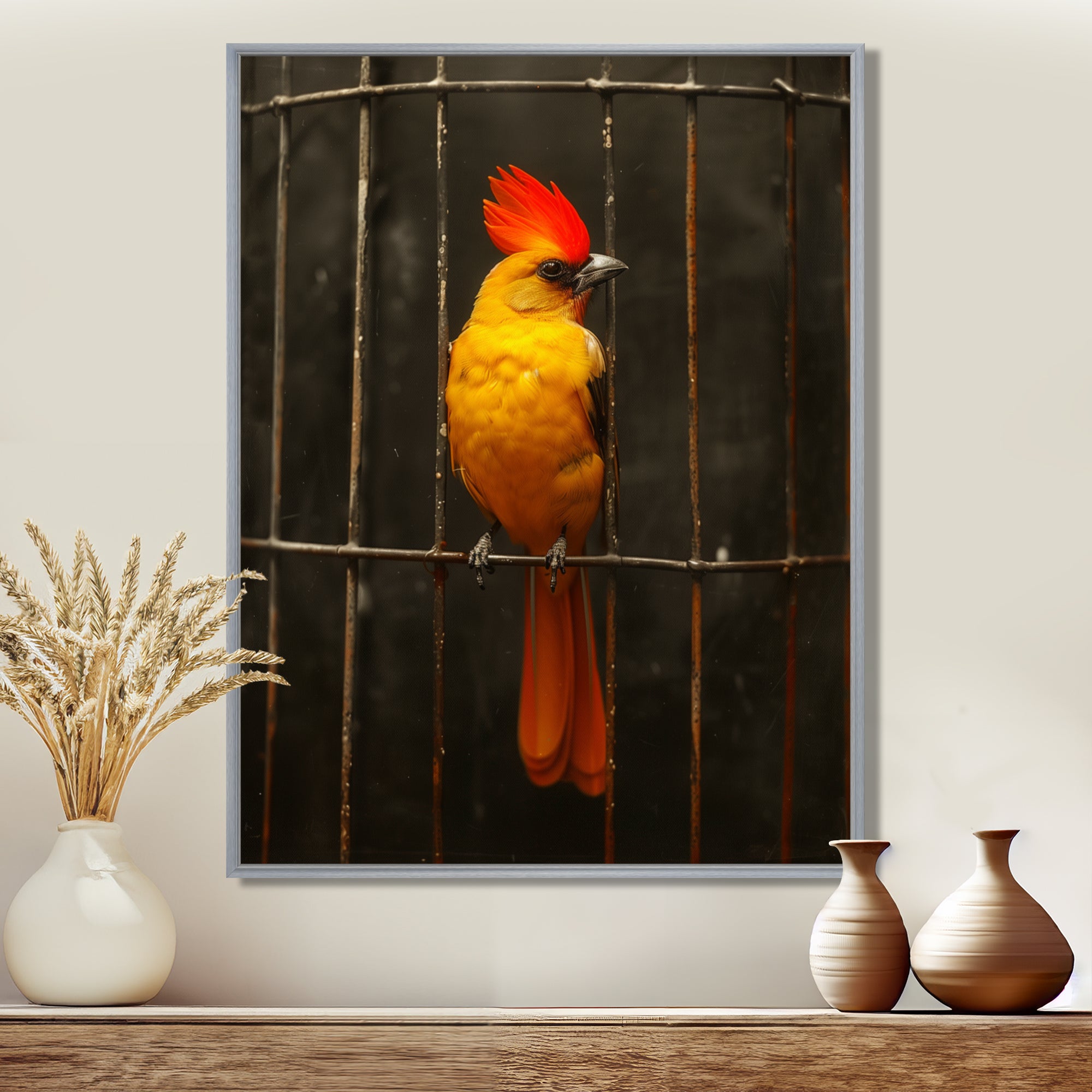 Yellow red Caged Bird elegance - Bird Canvas Wall Art