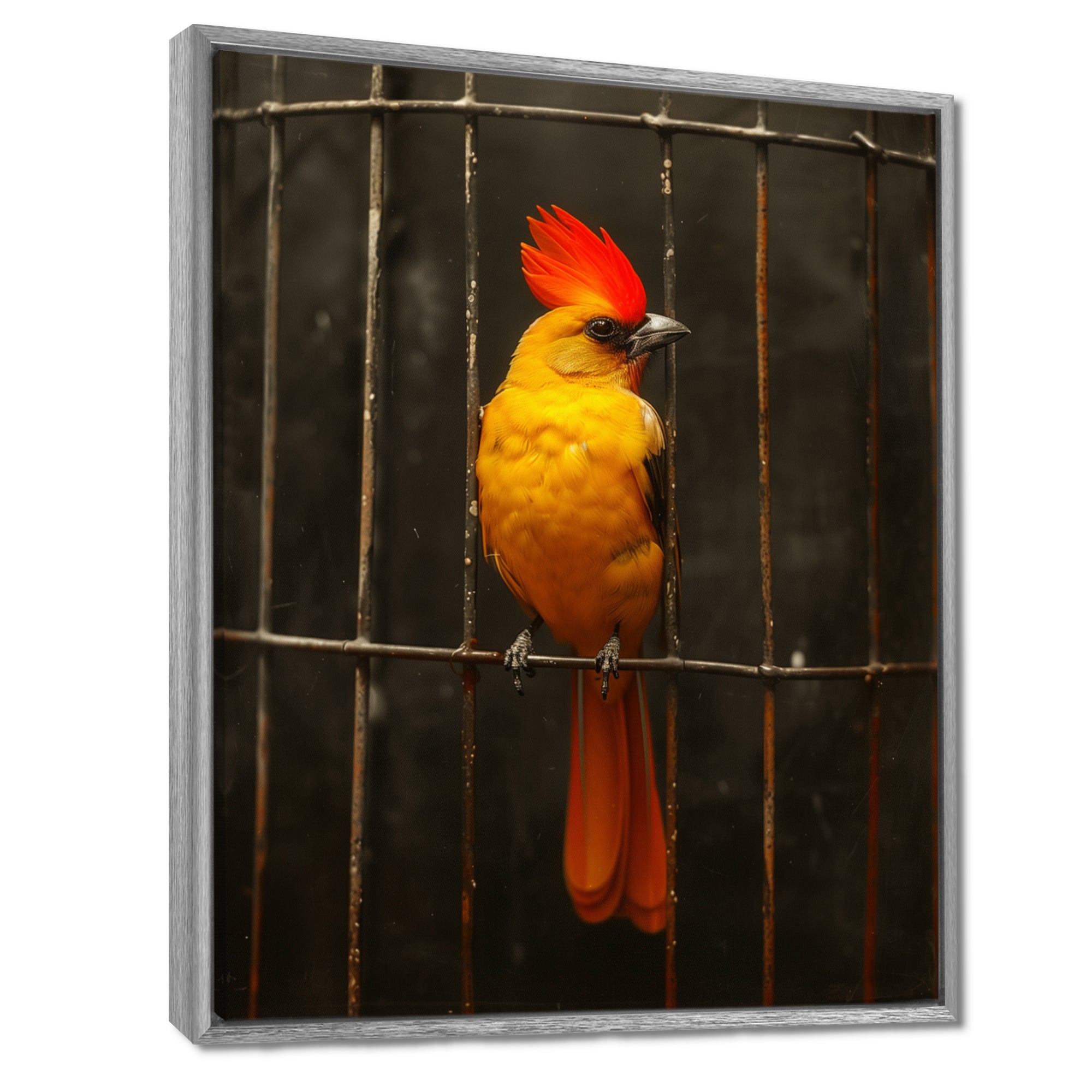 Yellow red Caged Bird elegance - Bird Canvas Wall Art
