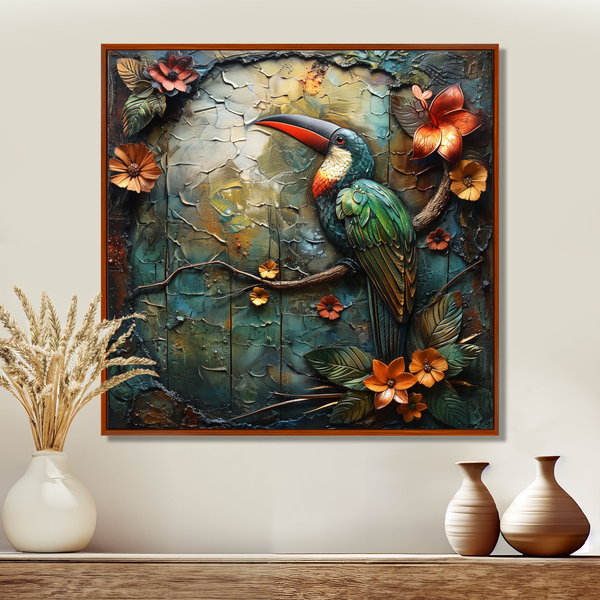 Green orange Rainforest Radiance Toucan - Green Parrot Wall Art