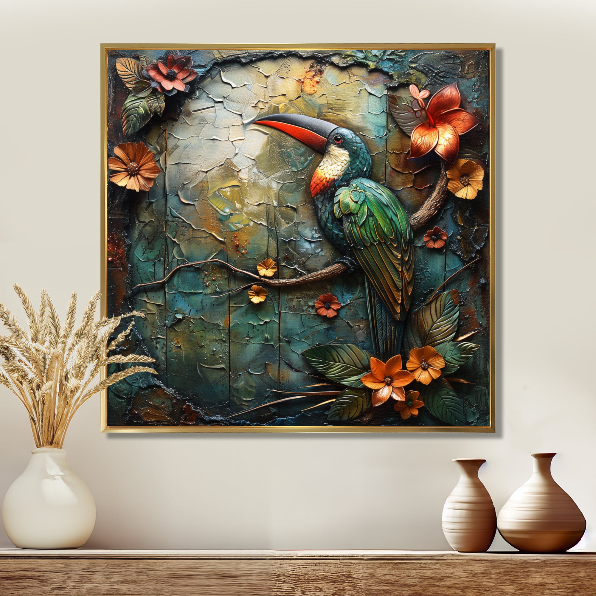 Green orange Rainforest Radiance Toucan - Green Parrot Wall Art
