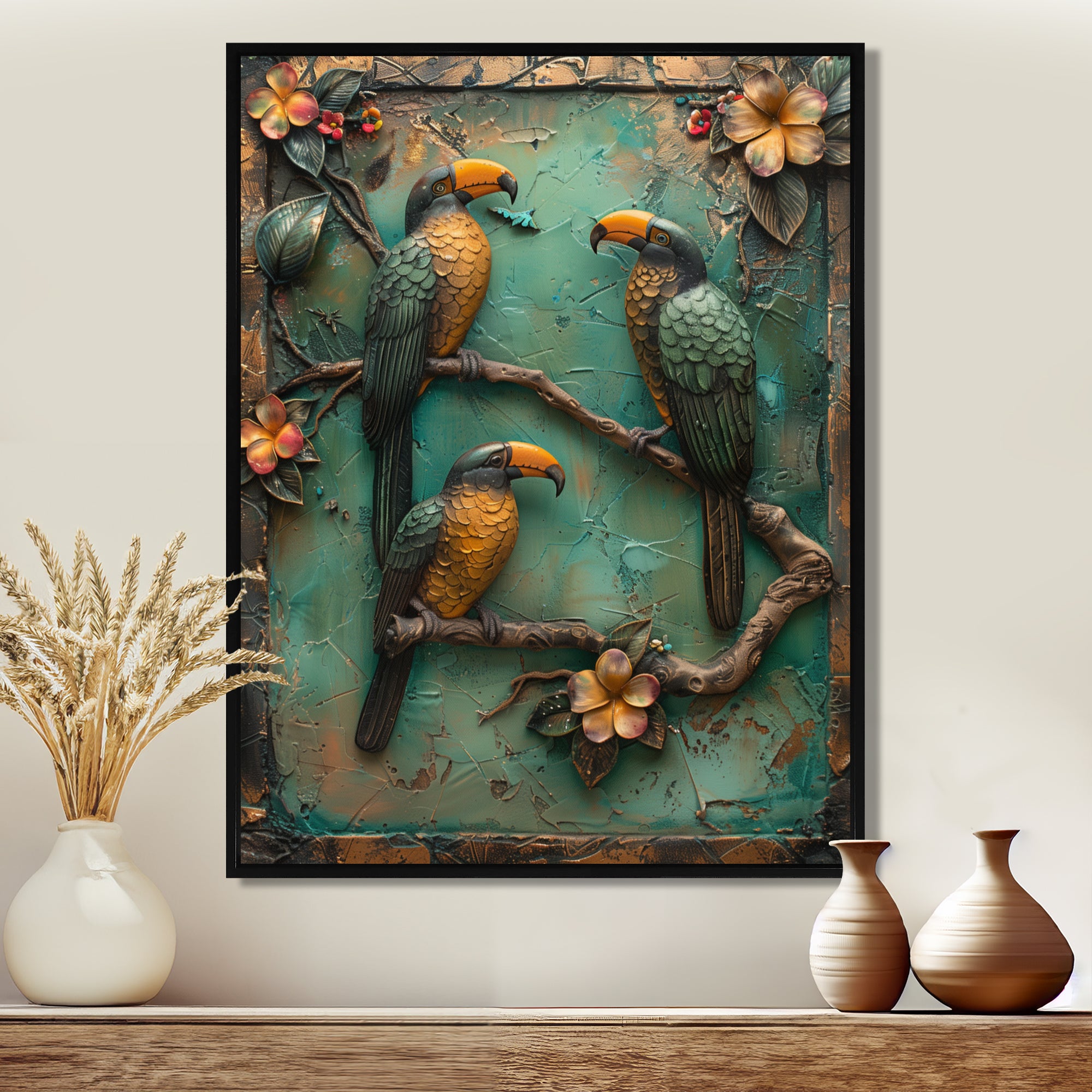 Yellow green Rainforest Radiance Toucans - Parrot Framed Canvas Art