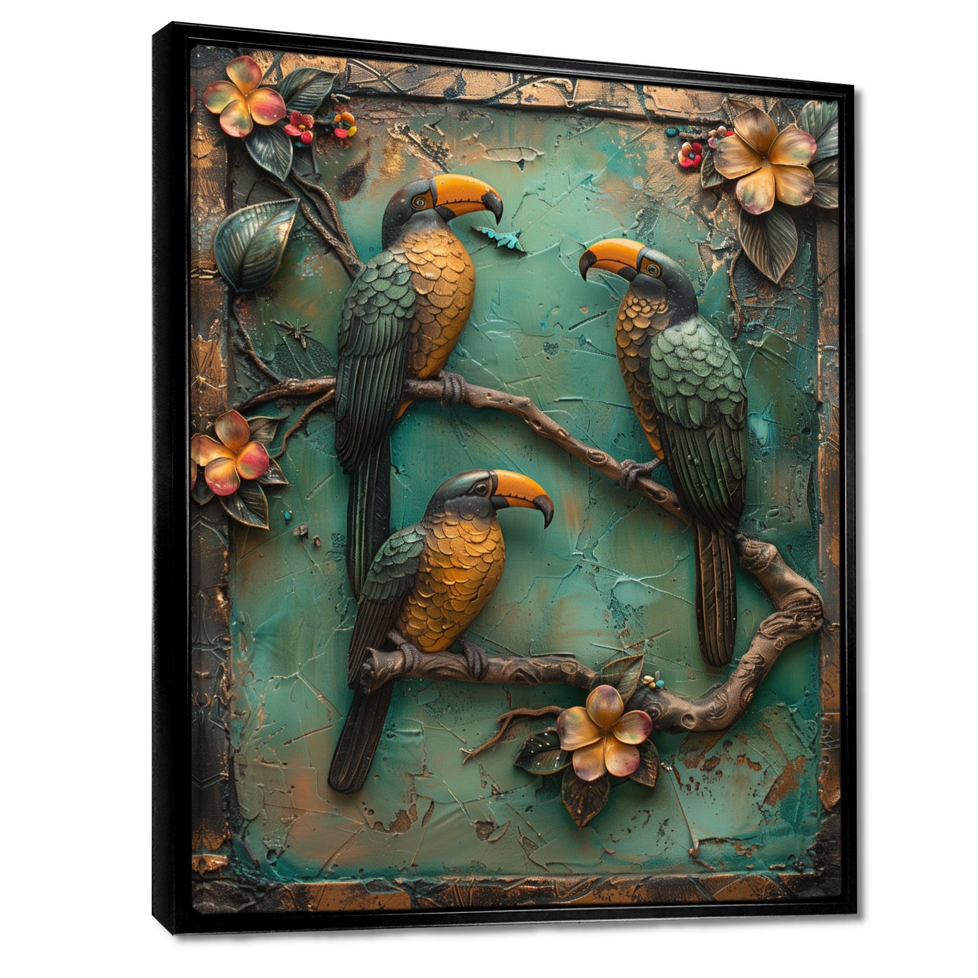 Yellow green Rainforest Radiance Toucans - Parrot Framed Canvas Art
