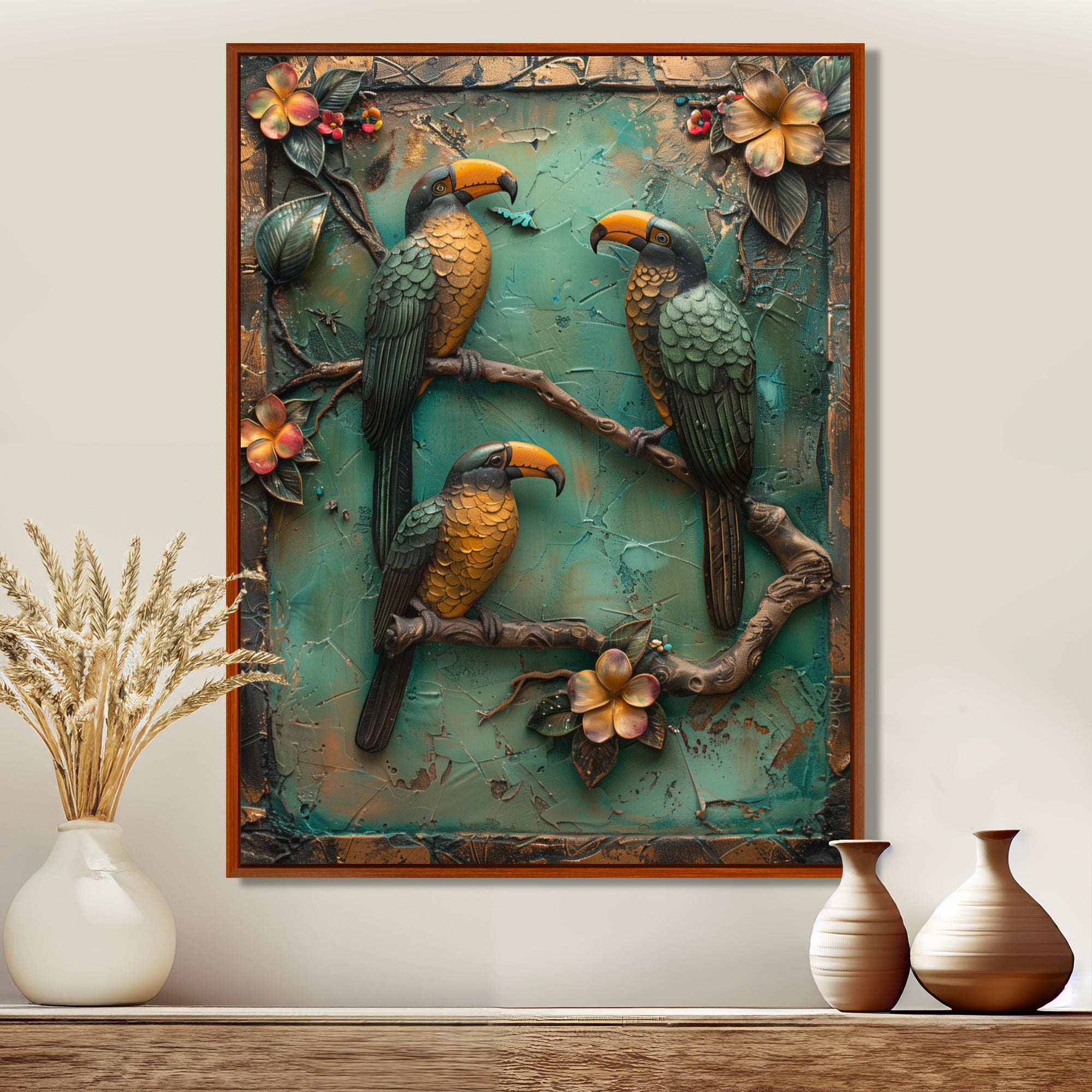 Yellow green Rainforest Radiance Toucans - Parrot Framed Canvas Art