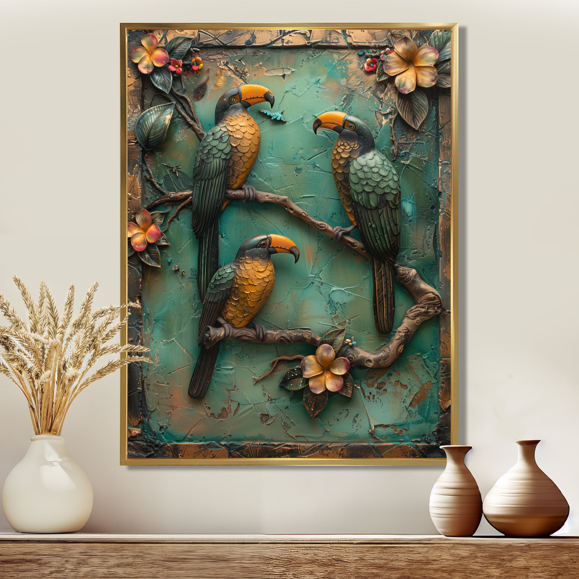 Yellow green Rainforest Radiance Toucans - Parrot Framed Canvas Art