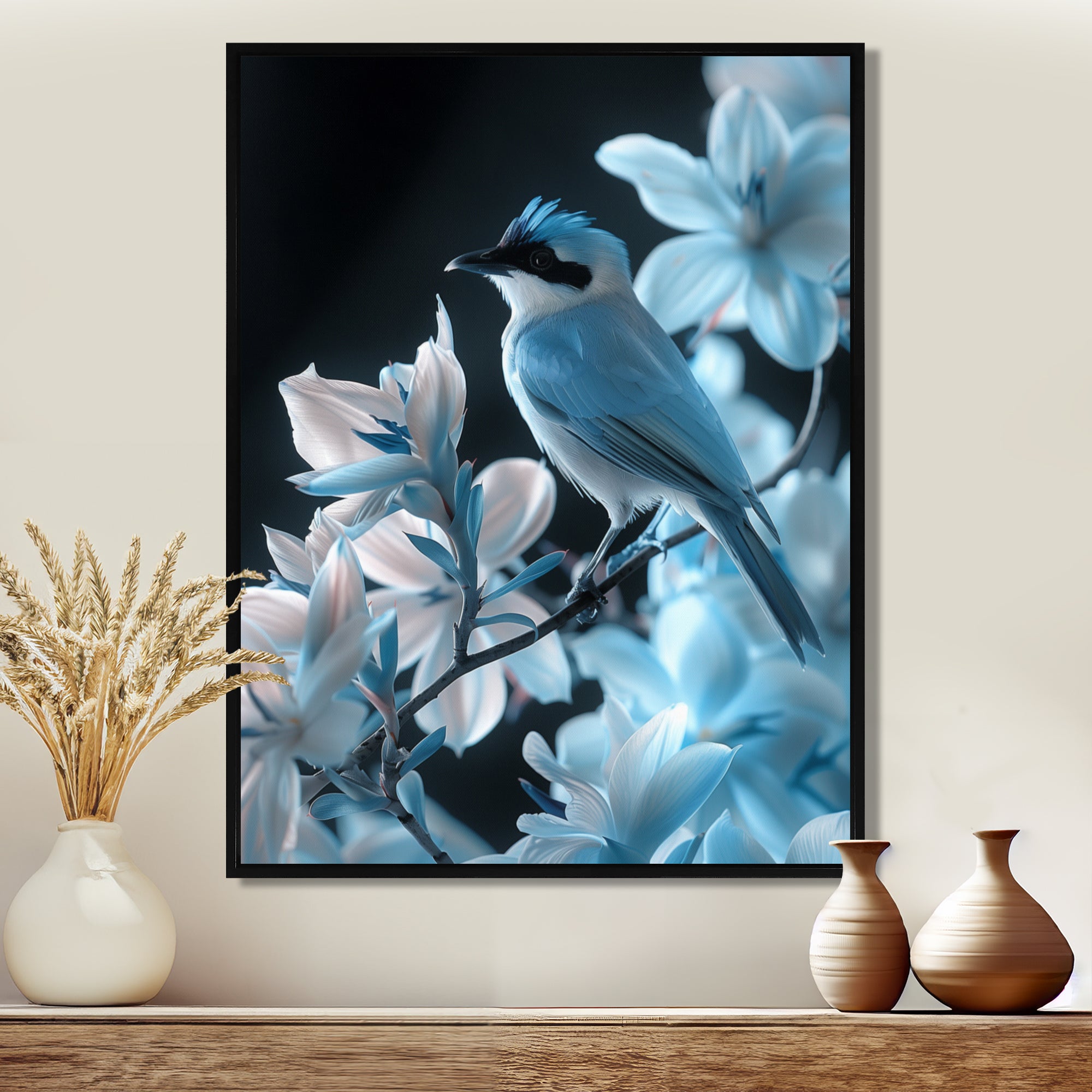 Blue black Tropical Oasis Bird blooms - Bird Home Decor Art