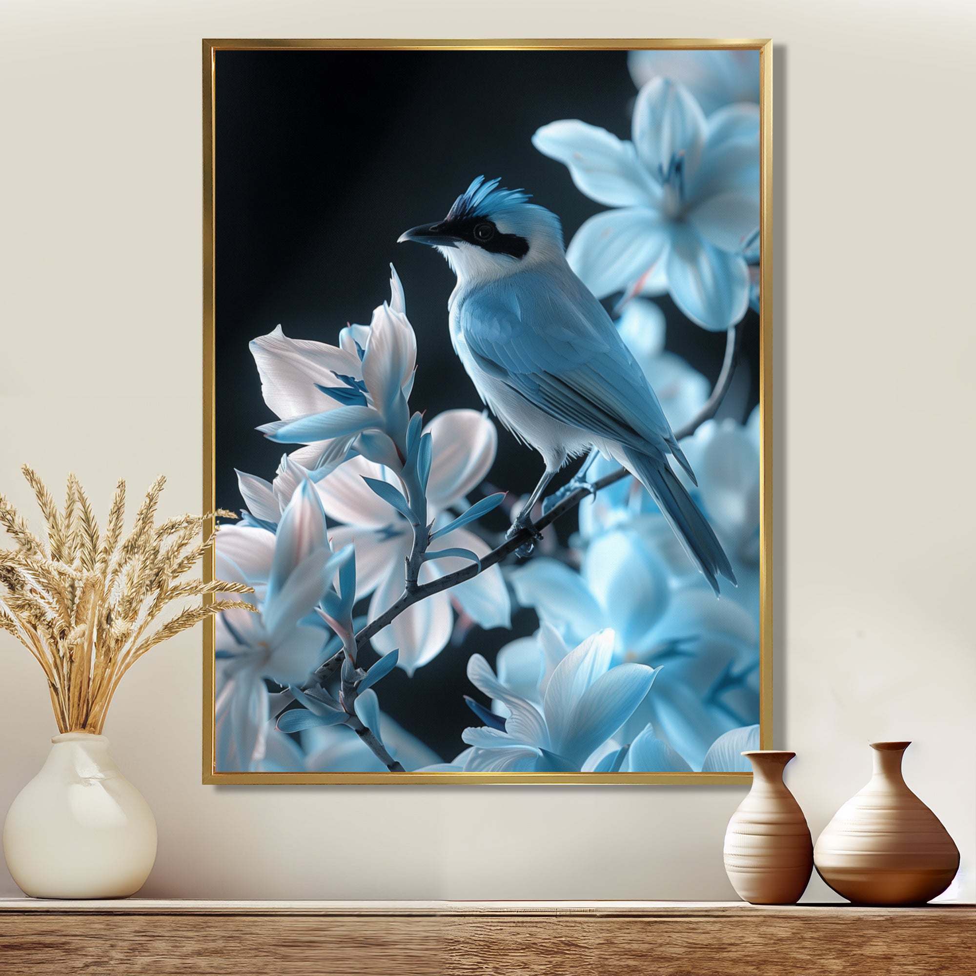 Blue black Tropical Oasis Bird blooms - Bird Home Decor Art