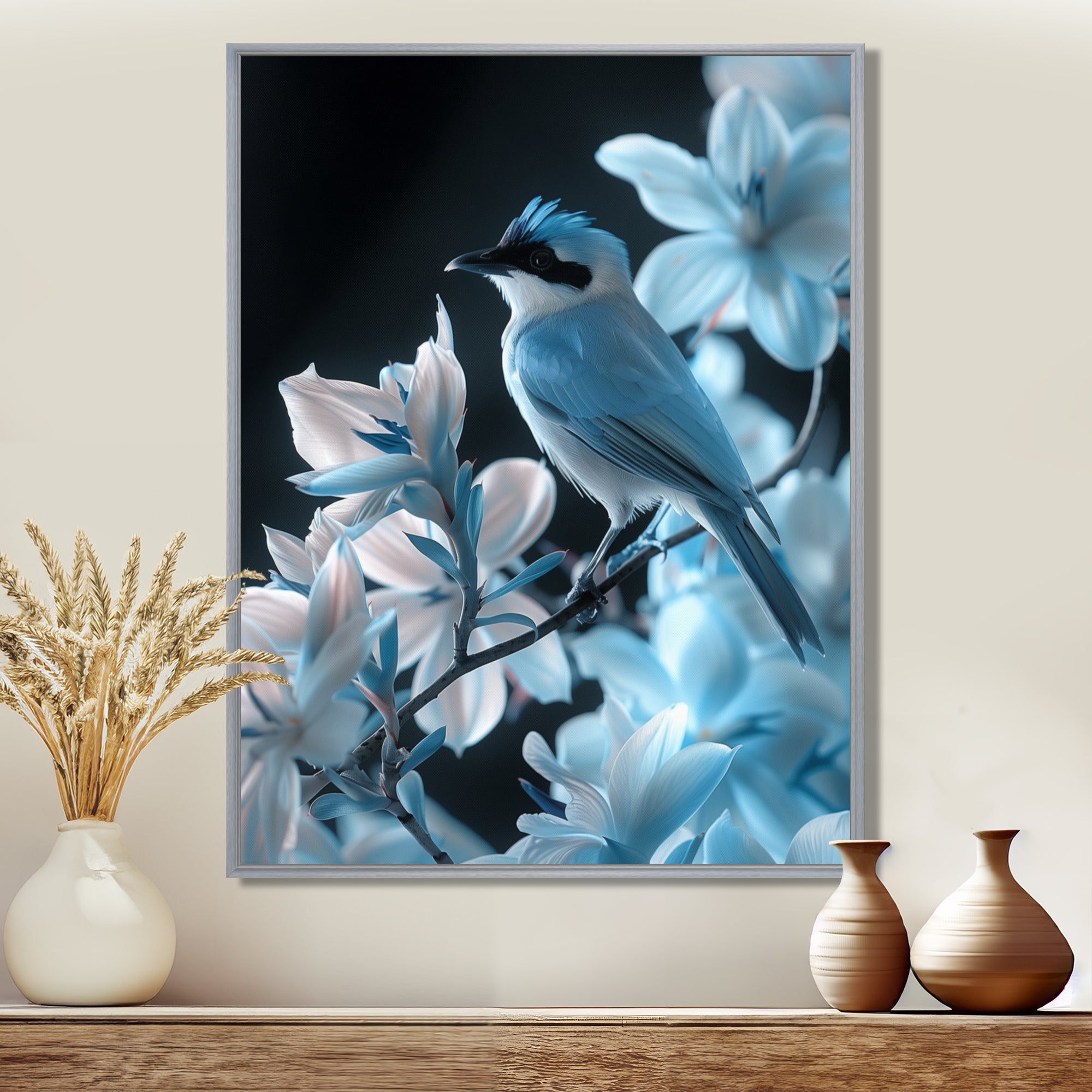Blue black Tropical Oasis Bird blooms - Bird Home Decor Art