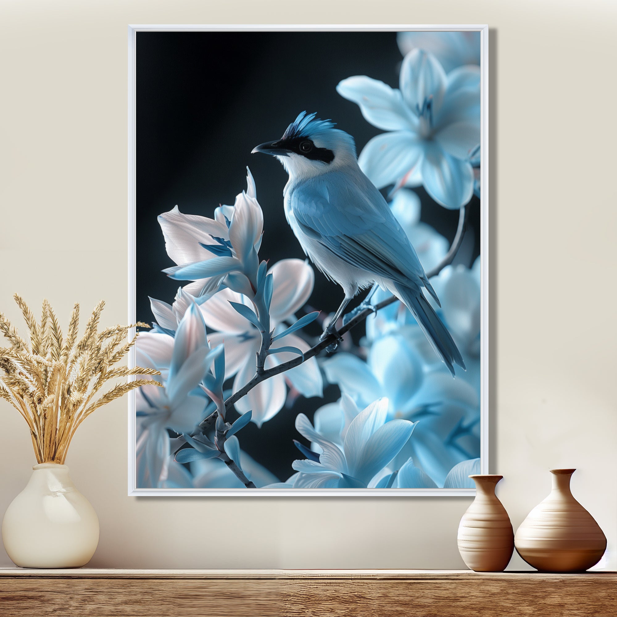 Blue black Tropical Oasis Bird blooms - Bird Home Decor Art