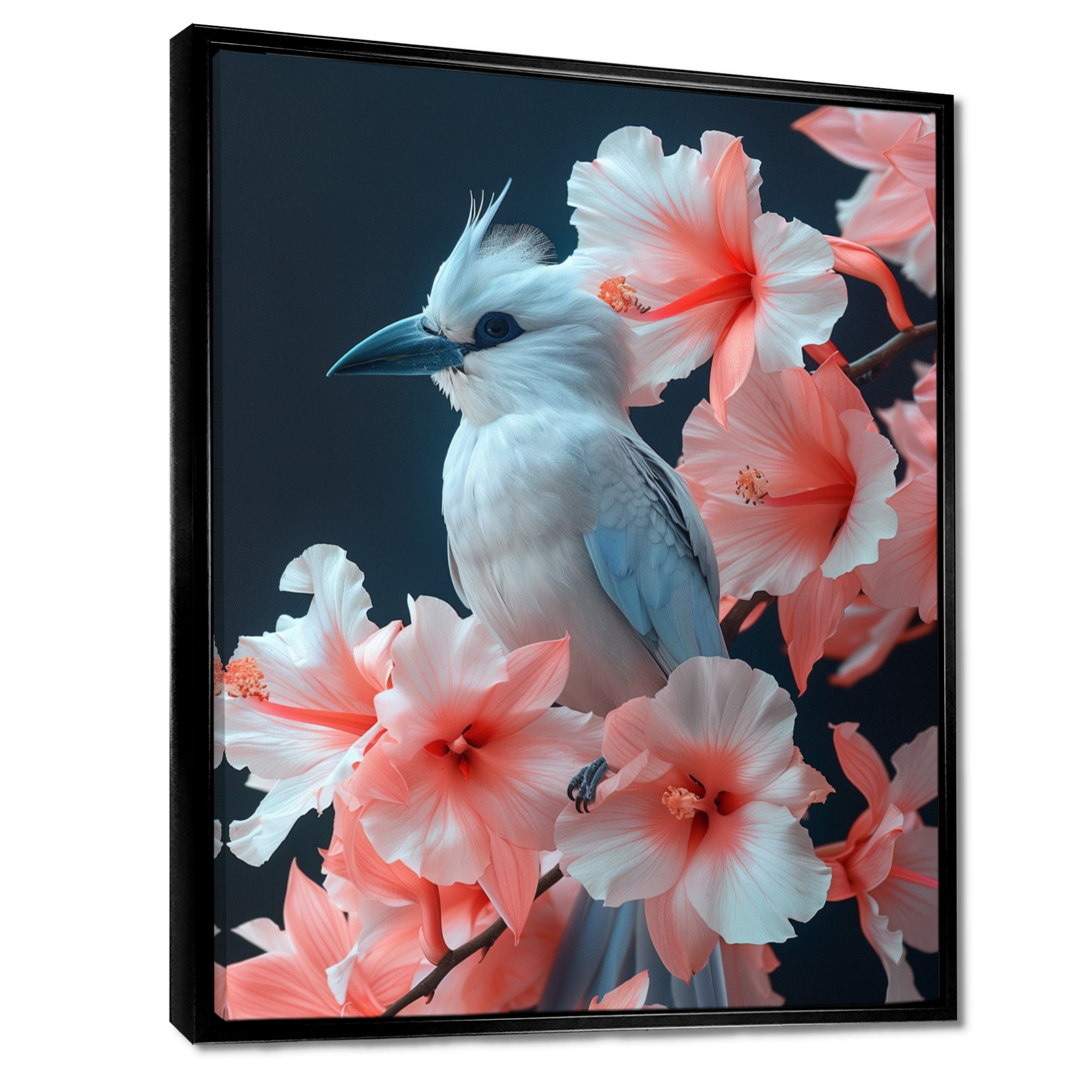 Pink white Tropical Oasis Bird blooms - Bird Living Room Wall Art