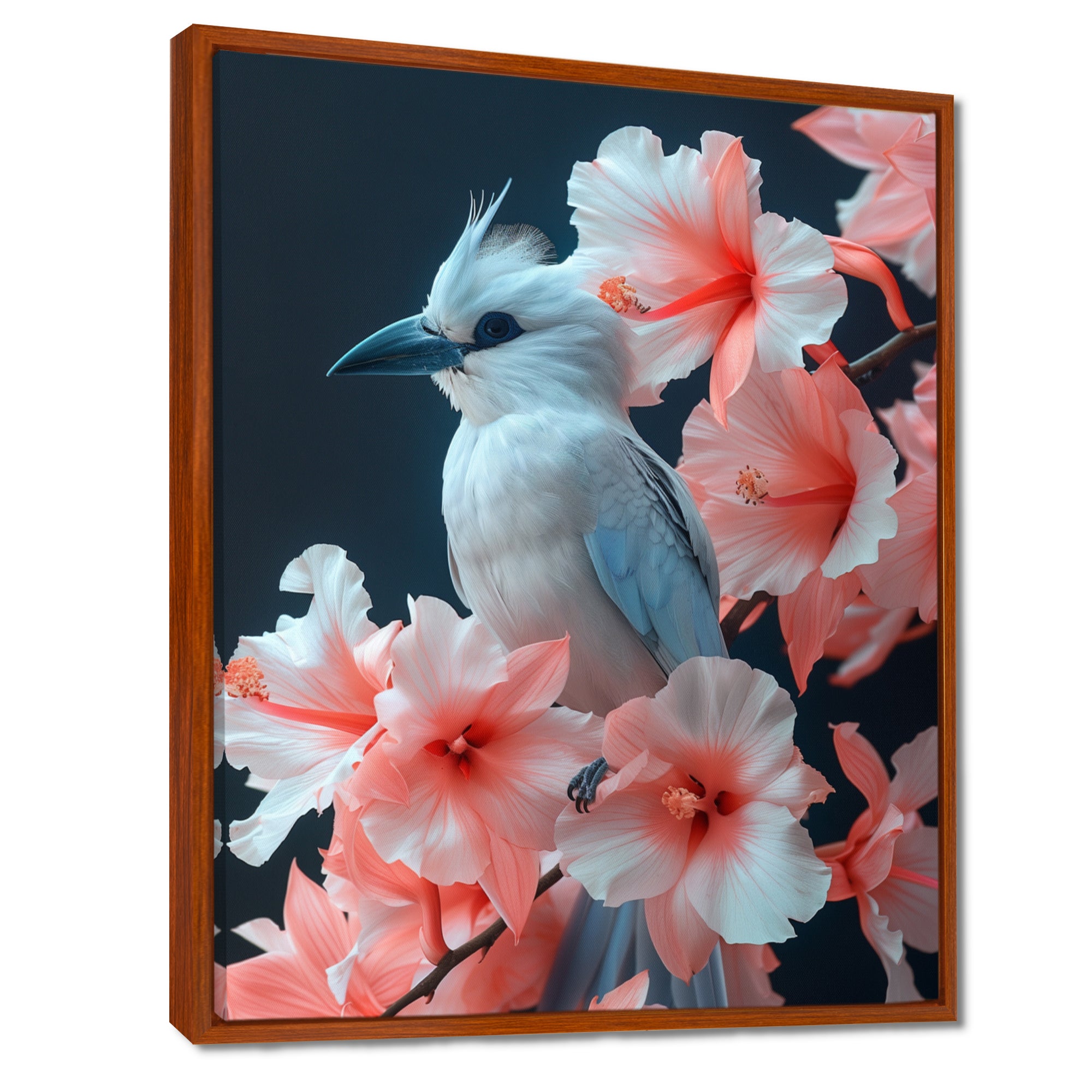 Pink white Tropical Oasis Bird blooms - Bird Living Room Wall Art