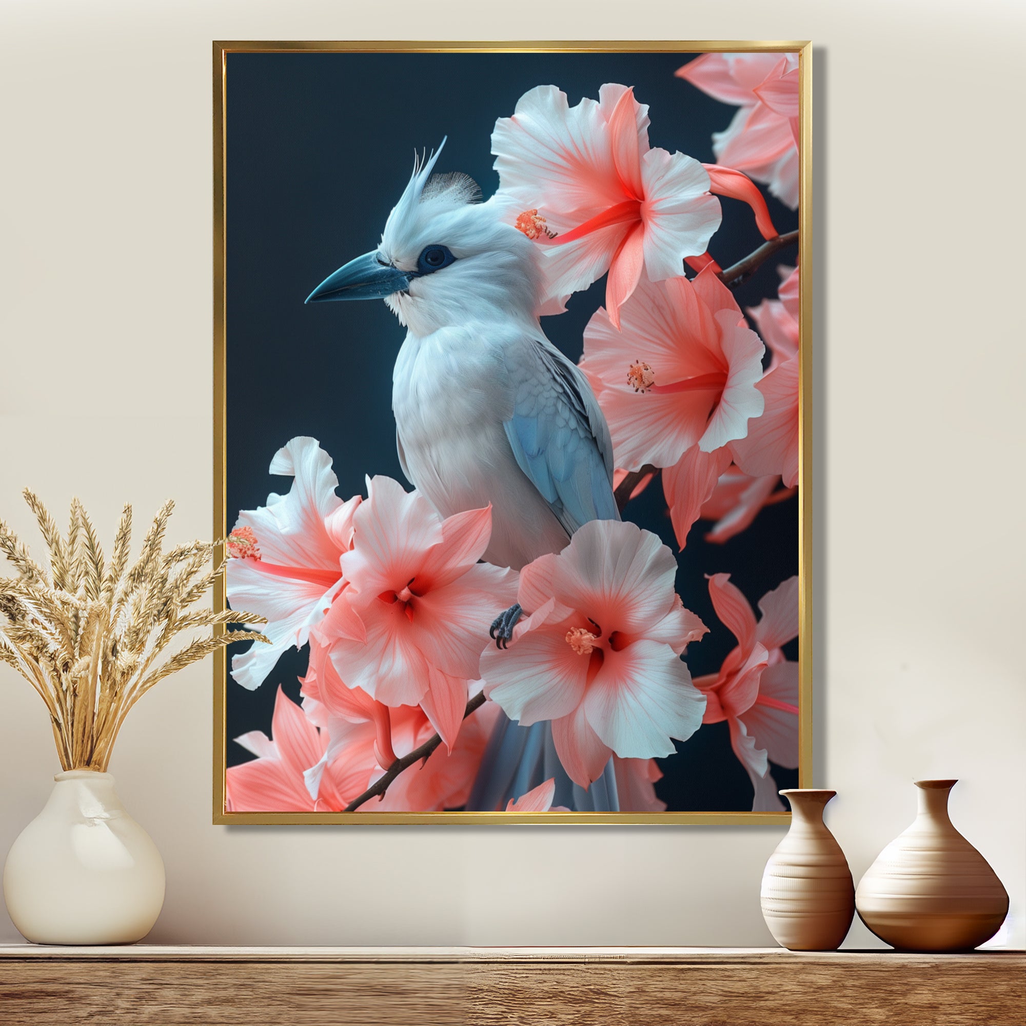 Pink white Tropical Oasis Bird blooms - Bird Living Room Wall Art