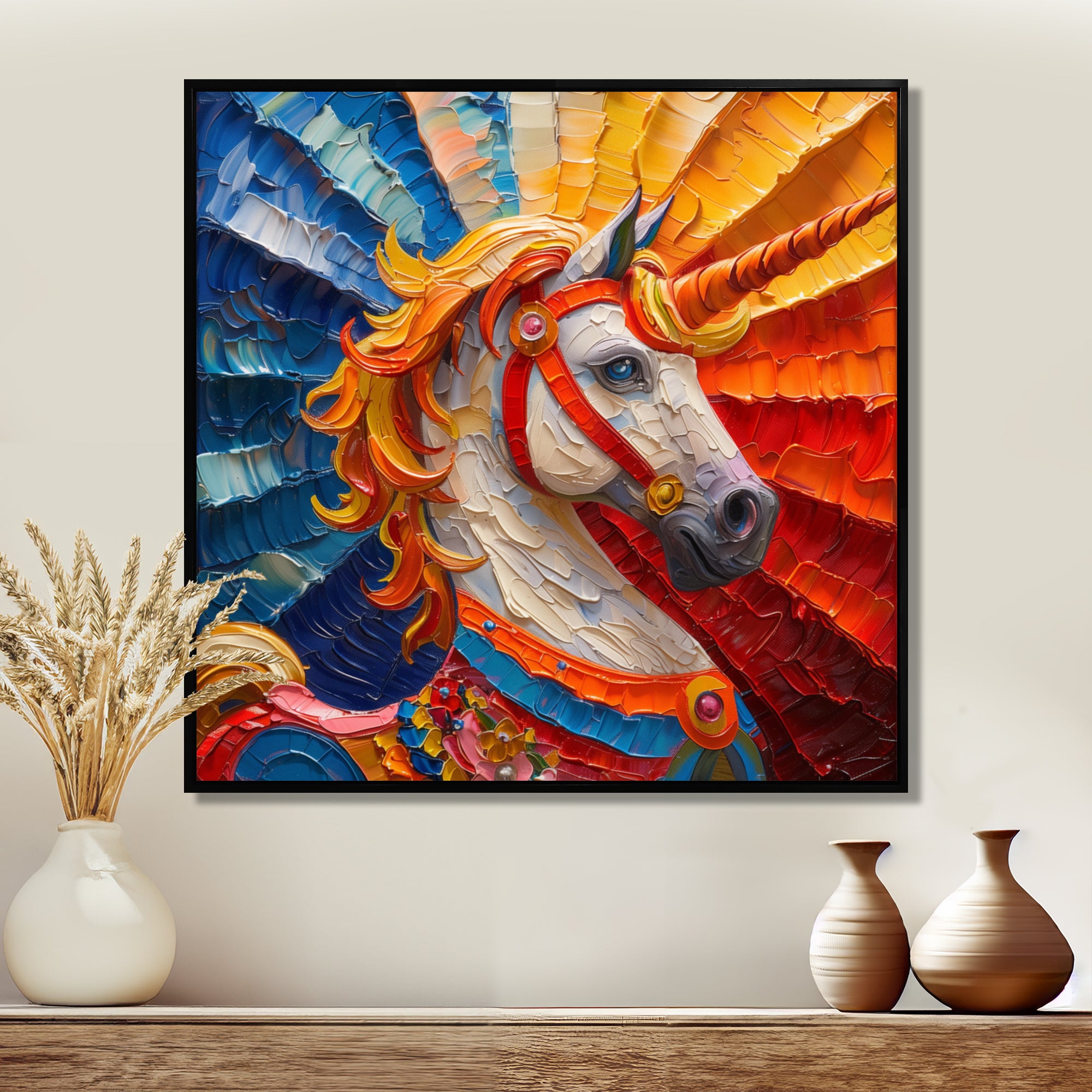 Yellow red horse Carousel spiral - Horse Canvas Wall Art