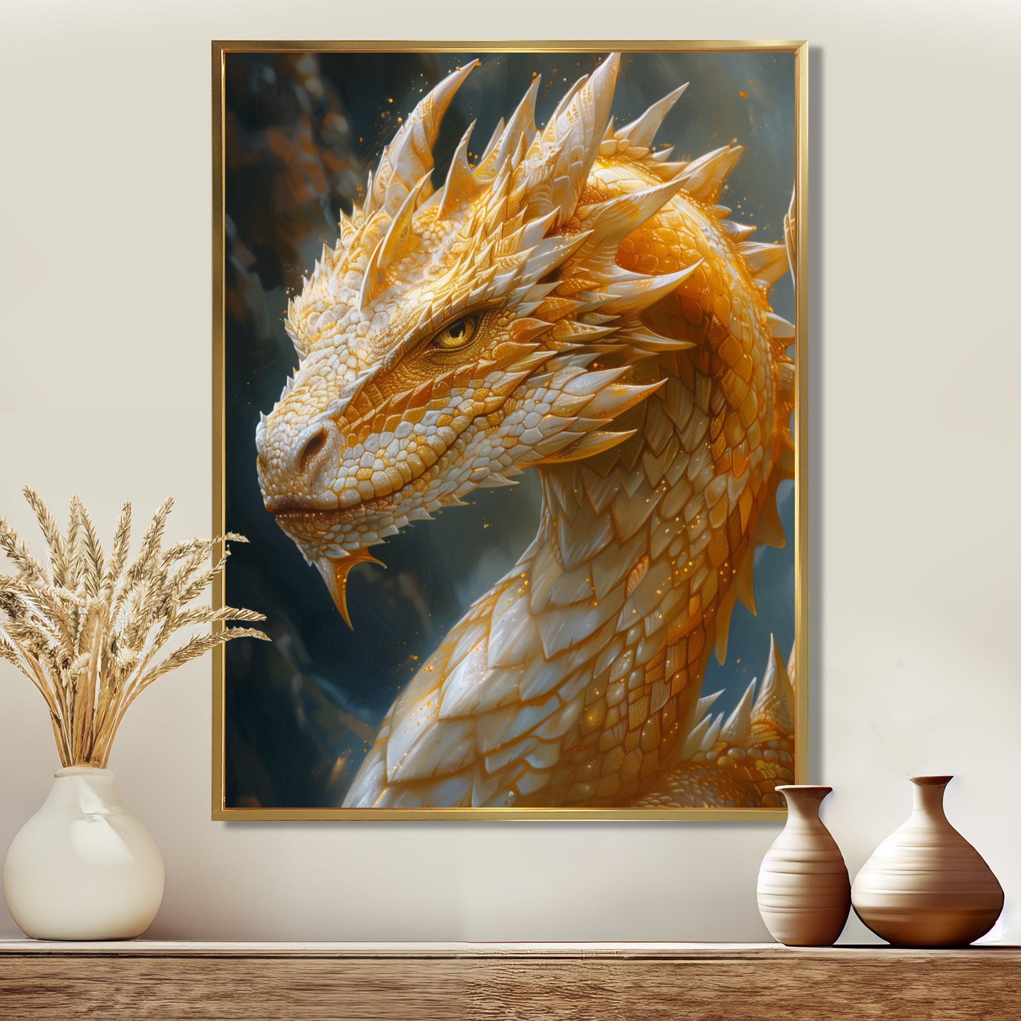 Yellow white Golden Claw Dragon - Dragons Framed Canvas Art