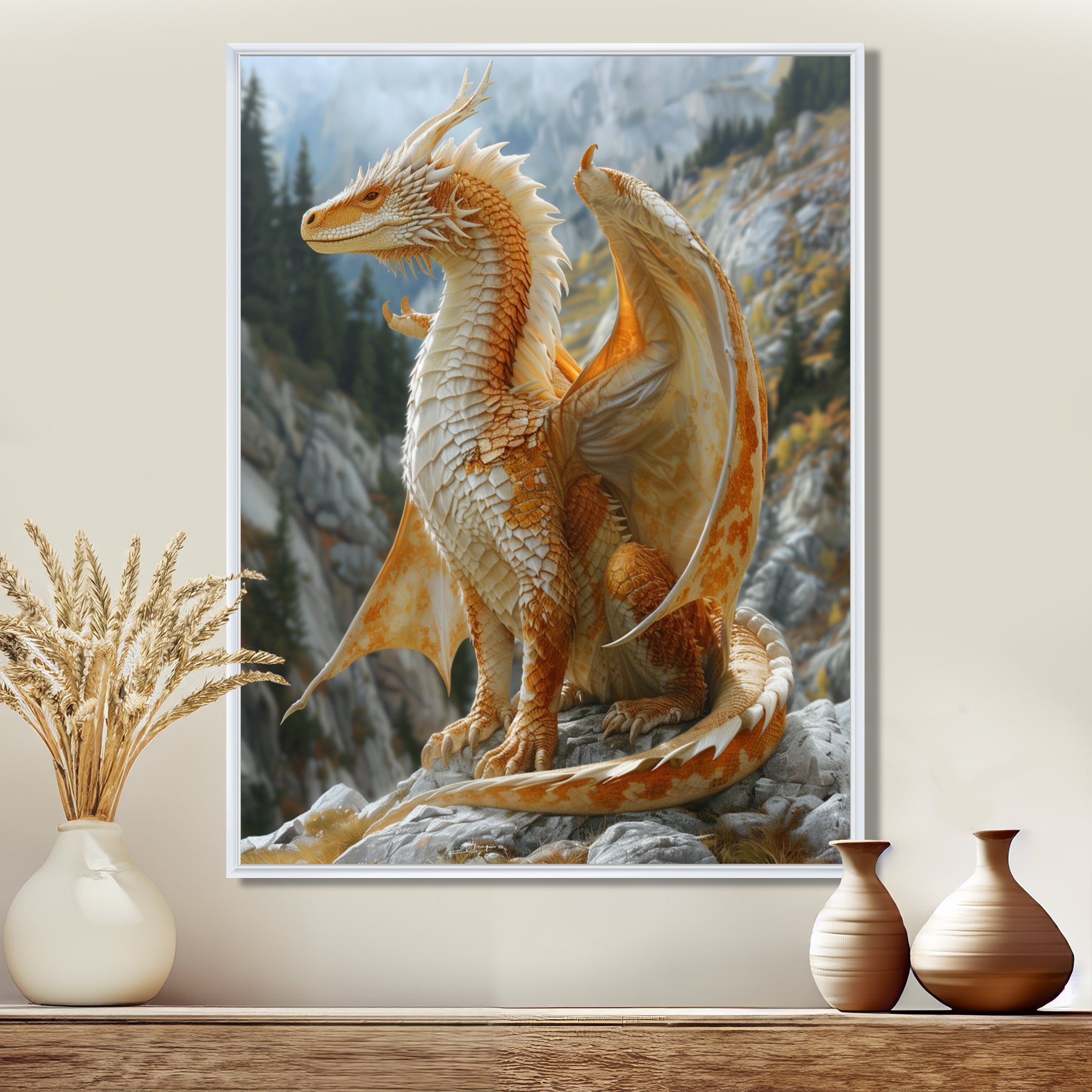 Yellow white Golden Wings Dragon - Dragons Large Canvas Wall Art