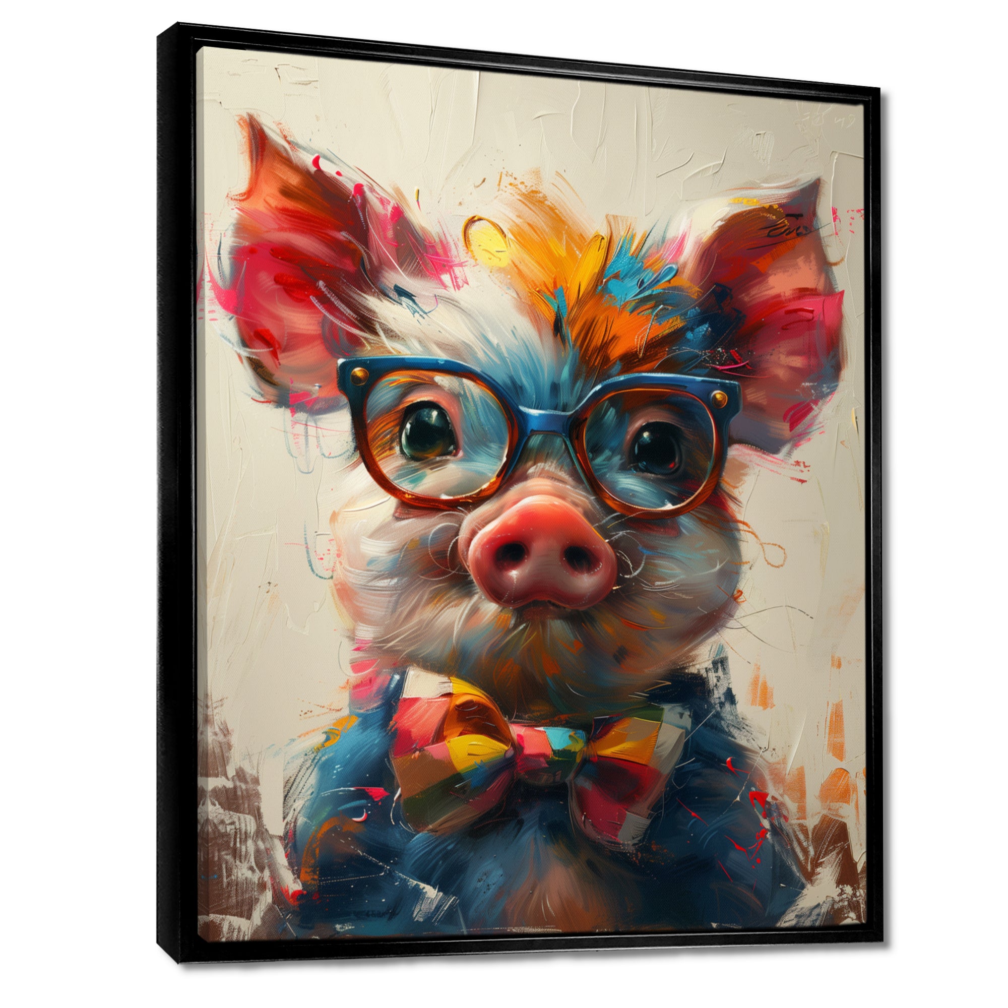 Curious green pink pig portrait - Pig Framed Canvas Art