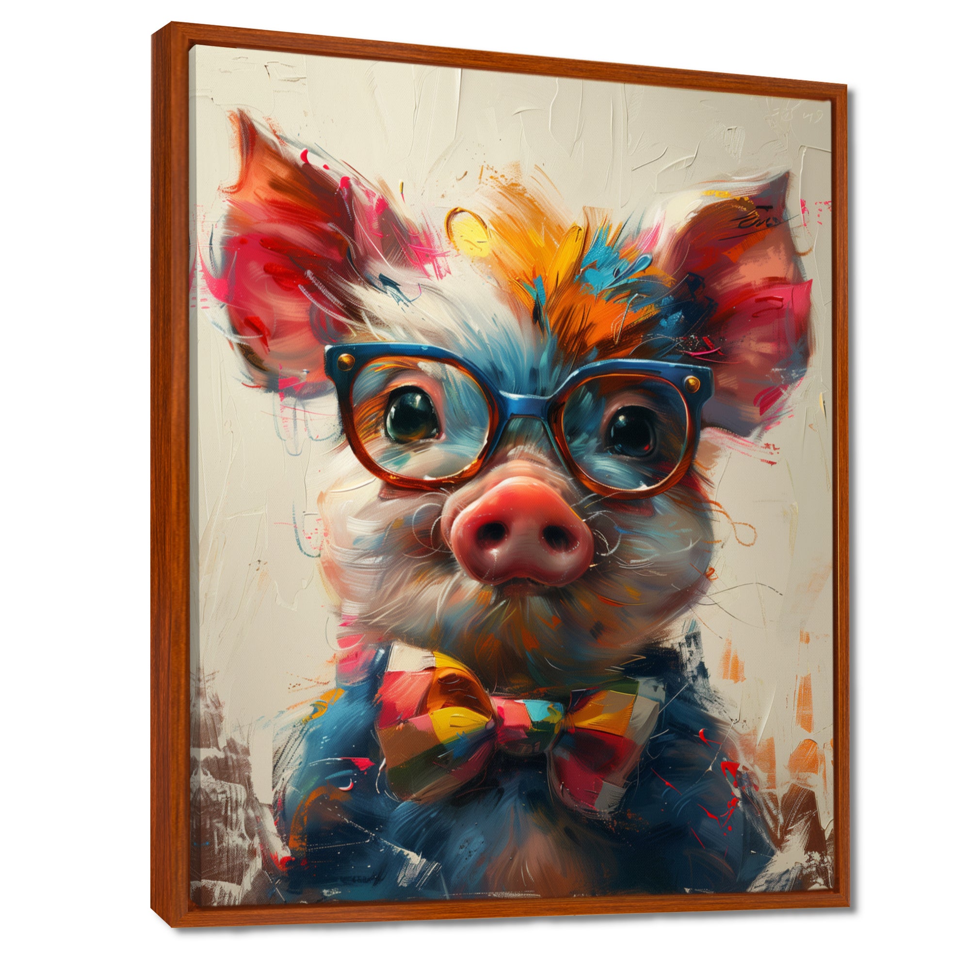 Curious green pink pig portrait - Pig Framed Canvas Art