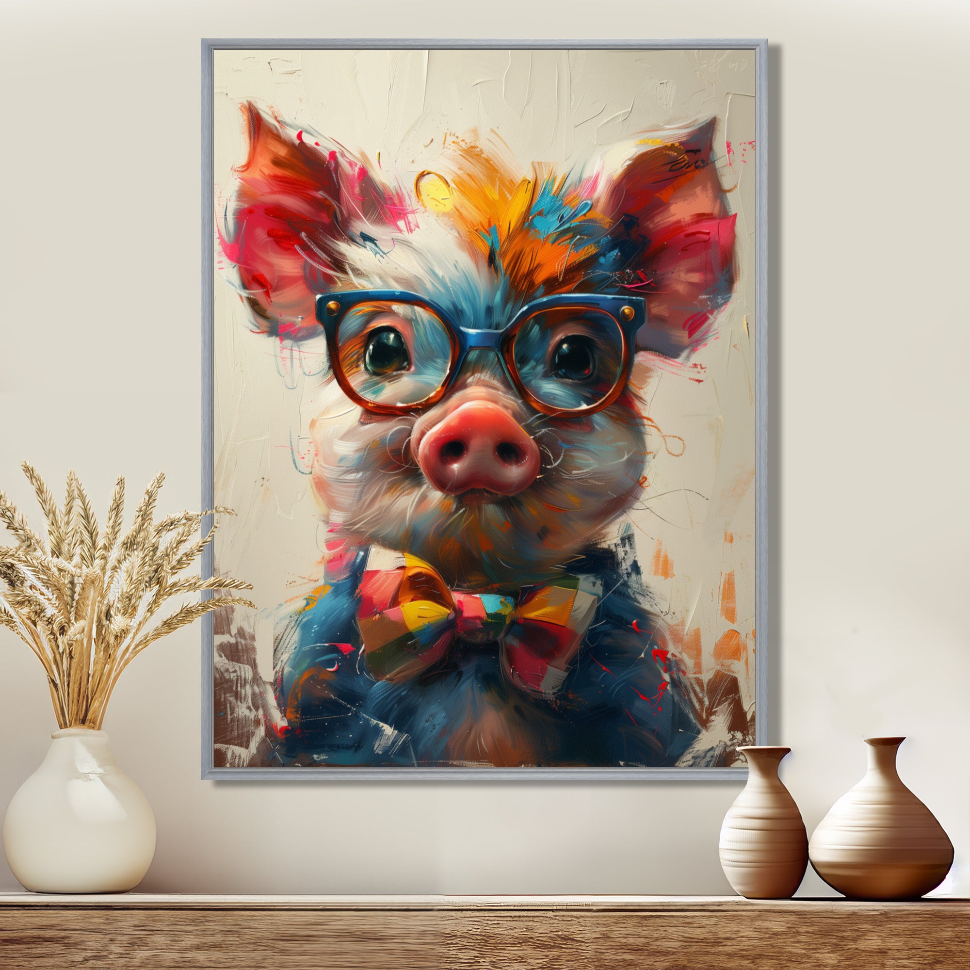 Curious green pink pig portrait - Pig Framed Canvas Art