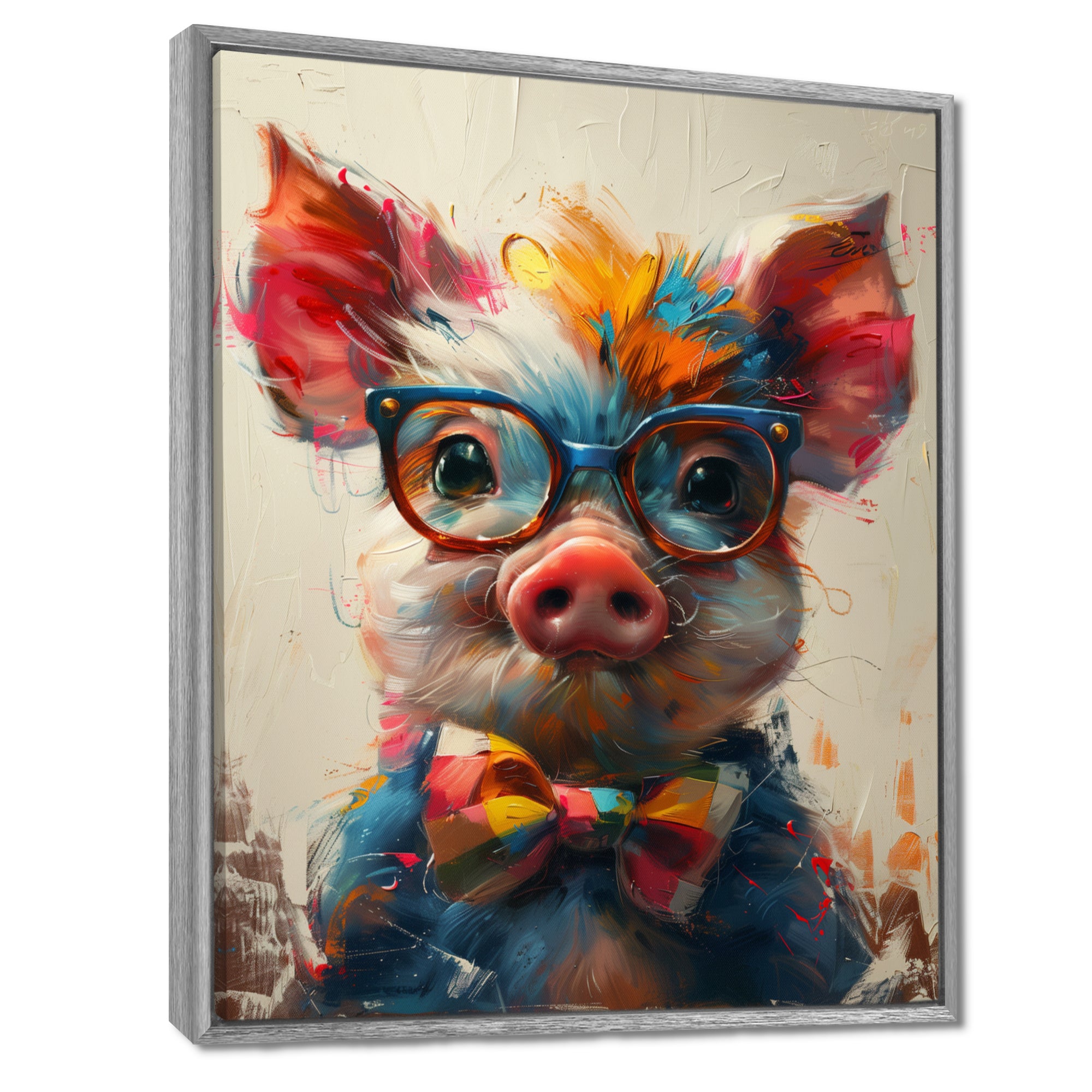 Curious green pink pig portrait - Pig Framed Canvas Art