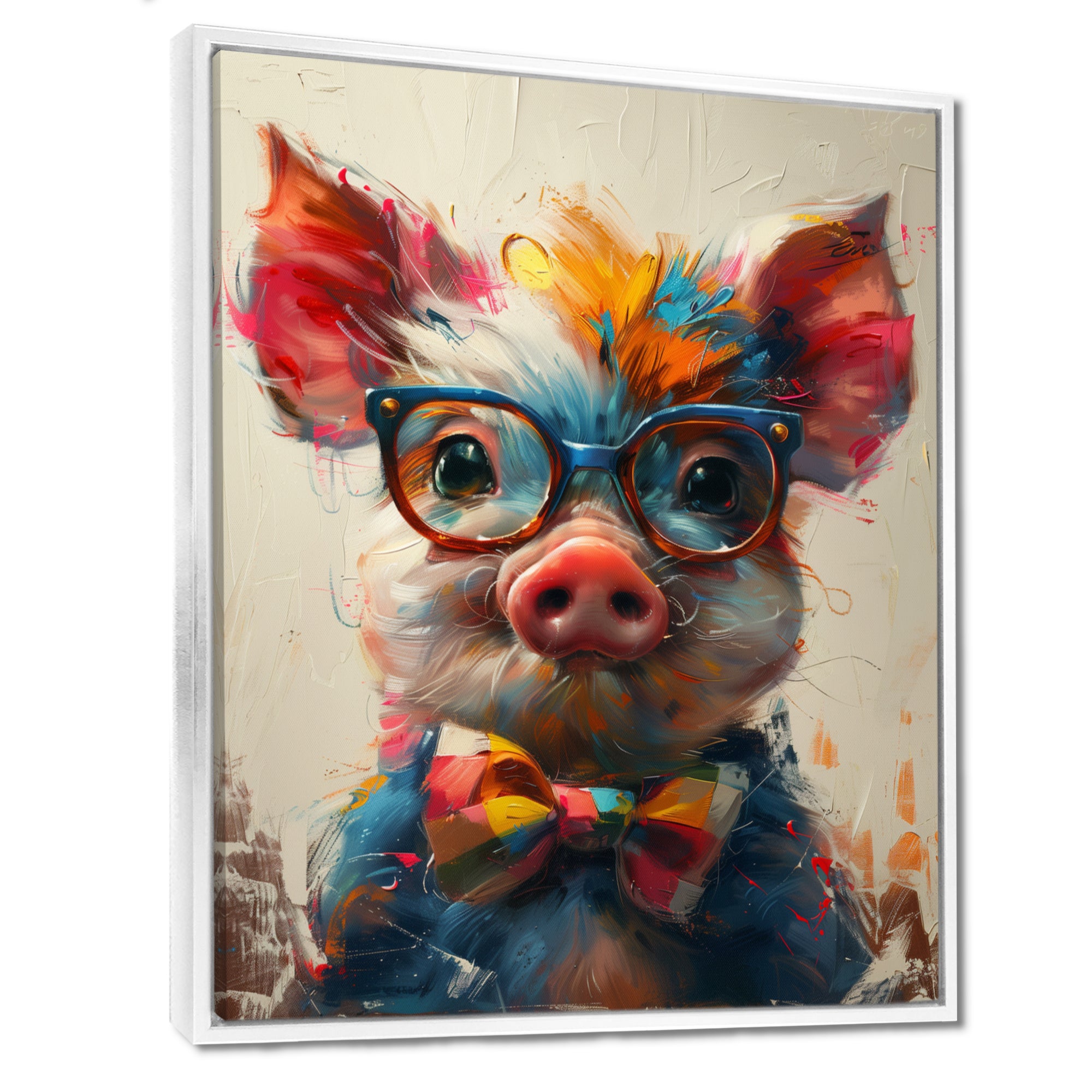 Curious green pink pig portrait - Pig Framed Canvas Art