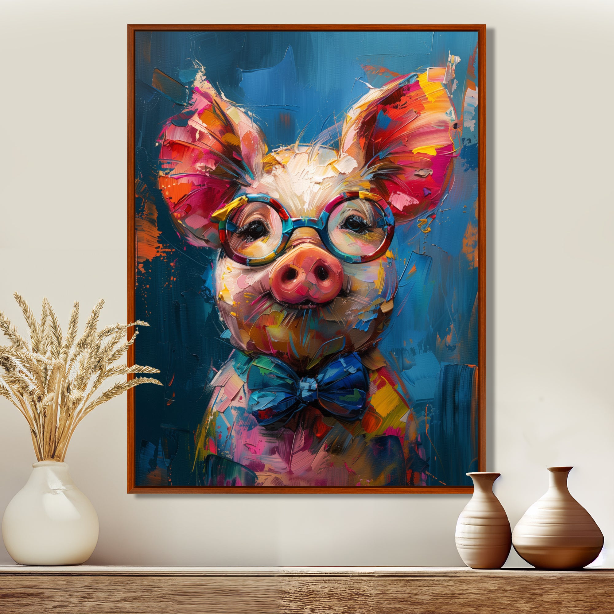 Curious blue pink pig portrait - Pig Large Canvas Wall Art