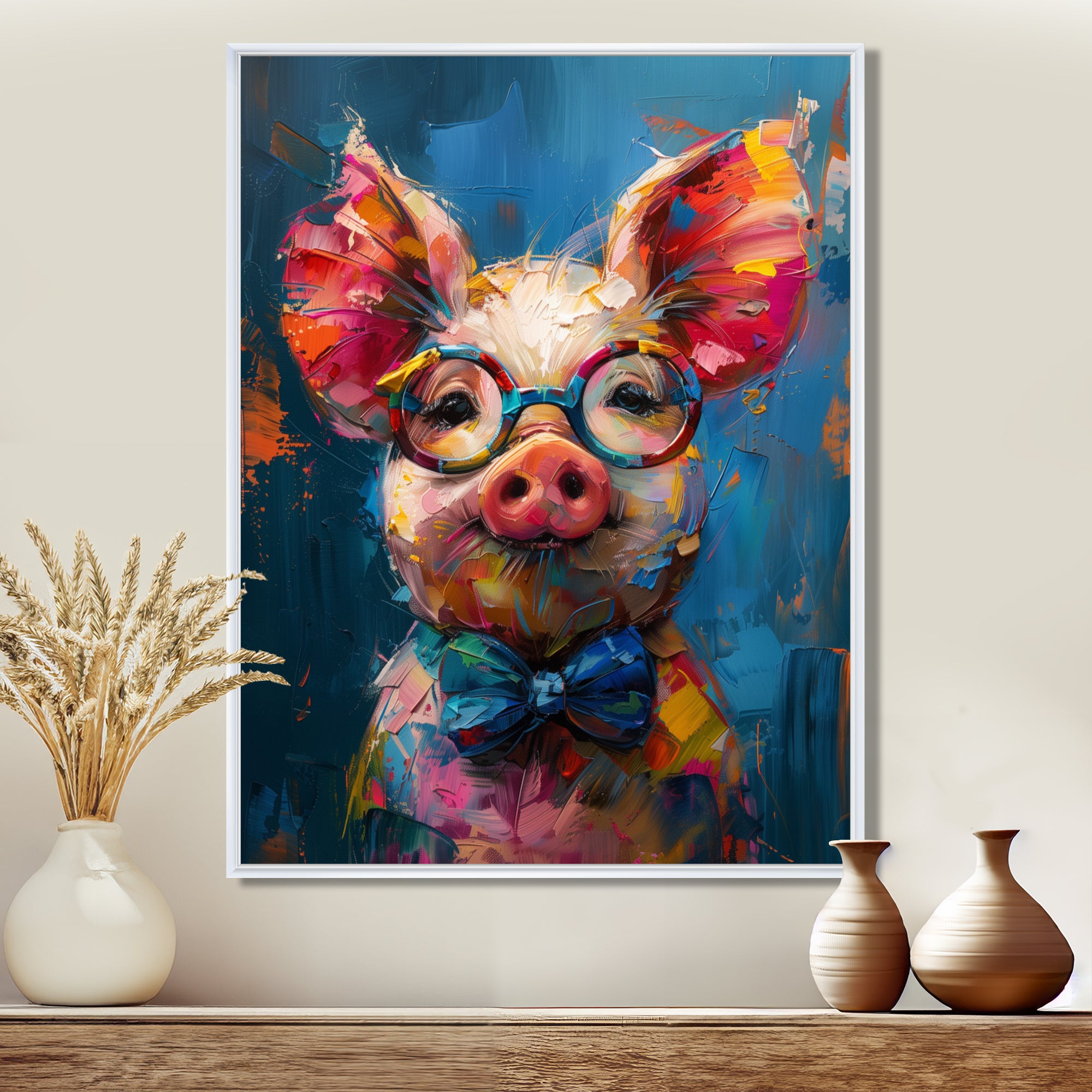 Curious blue pink pig portrait - Pig Large Canvas Wall Art