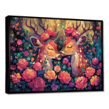 Pink green floral deer forest - Deer Framed Canvas Art