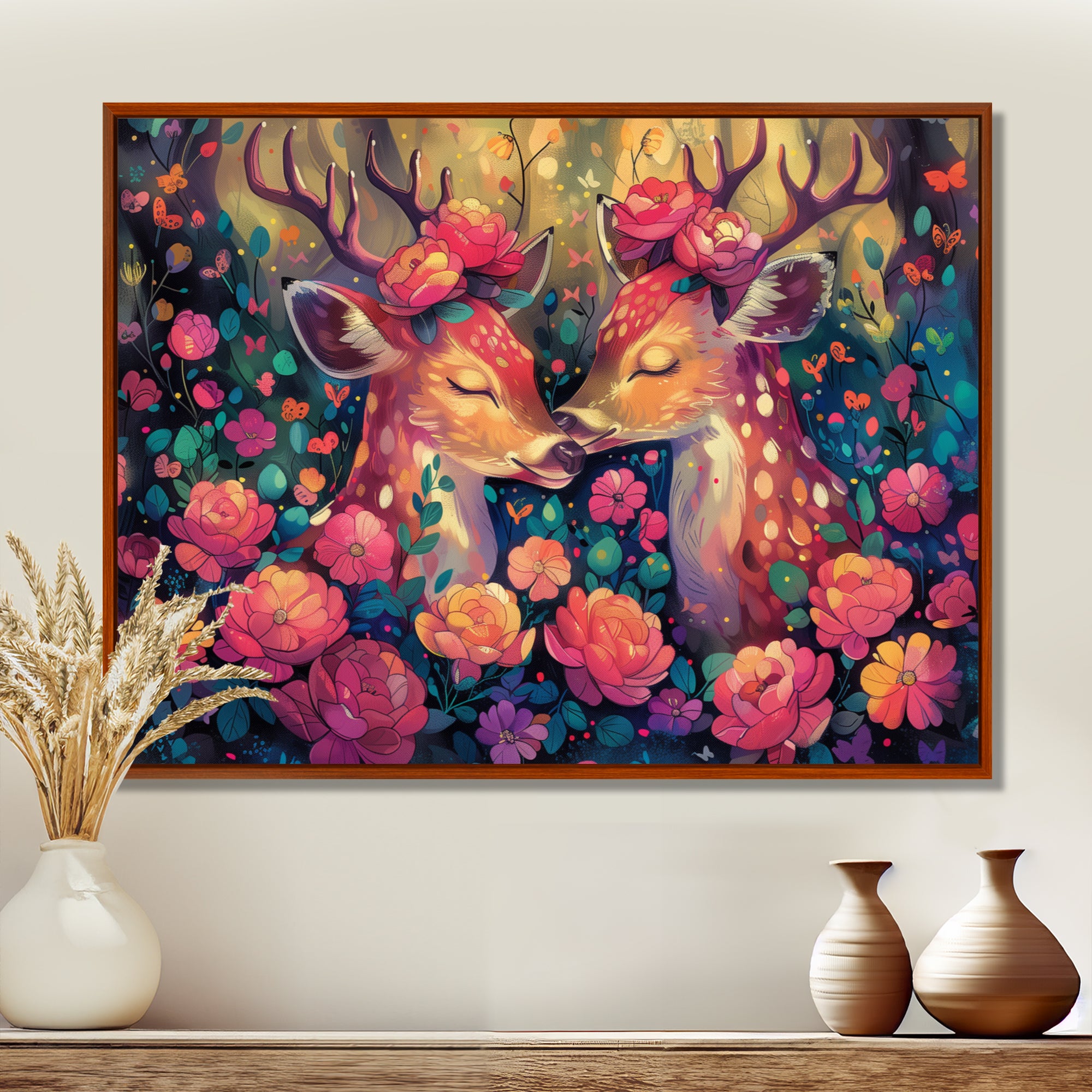 Pink green floral deer forest - Deer Framed Canvas Art