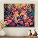 Pink green floral deer forest - Deer Framed Canvas Art