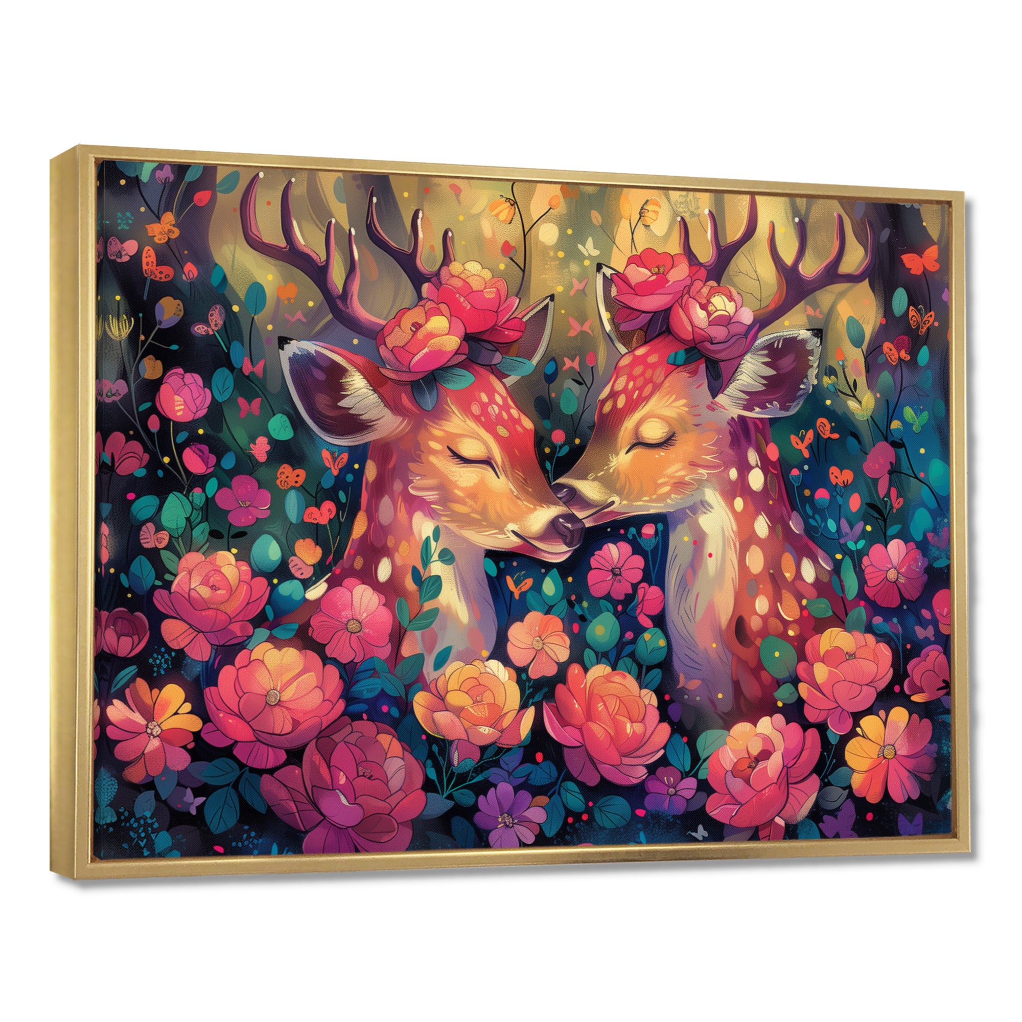 Pink green floral deer forest - Deer Framed Canvas Art