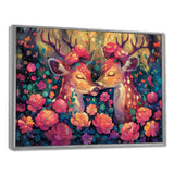 Pink green floral deer forest - Deer Framed Canvas Art