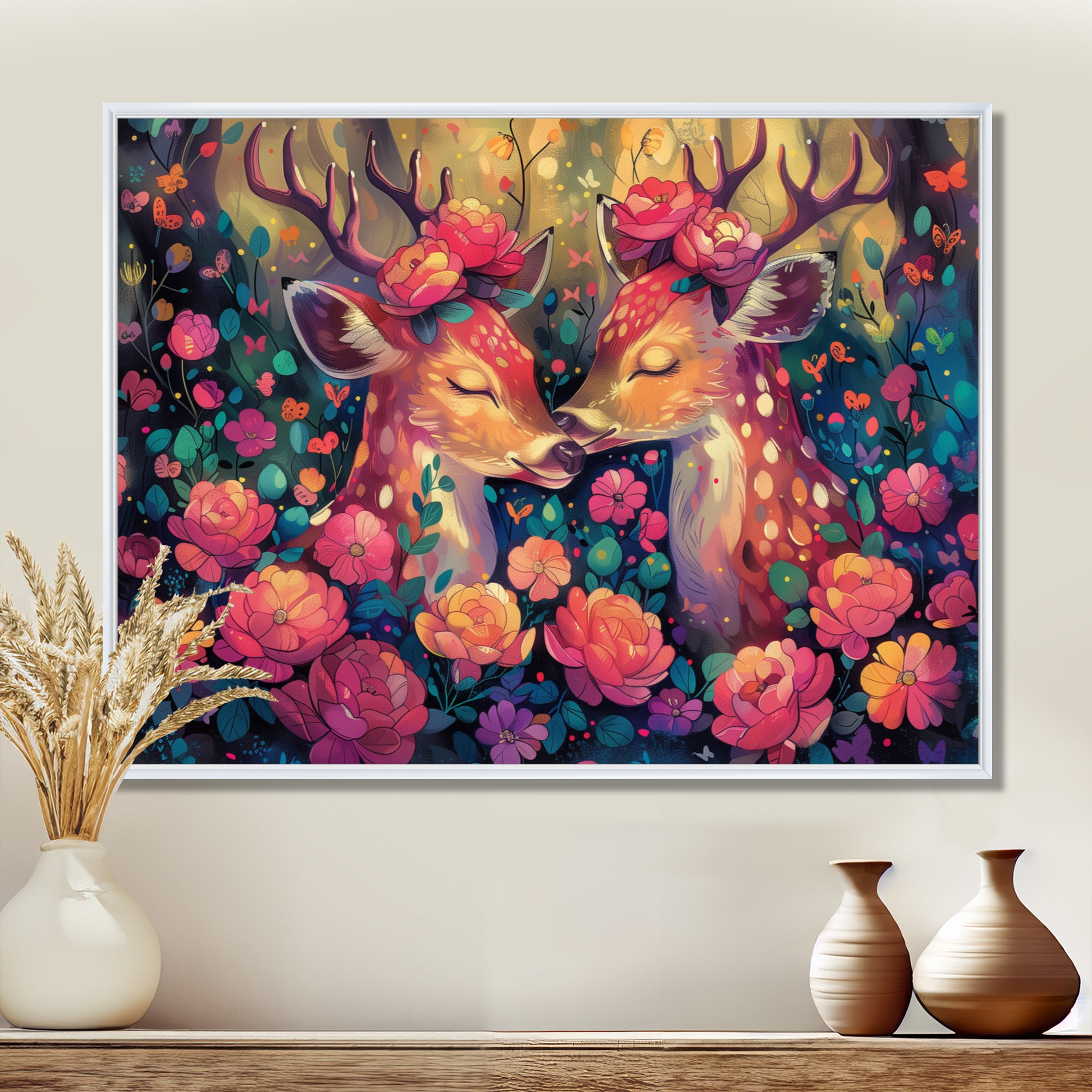 Pink green floral deer forest - Deer Framed Canvas Art