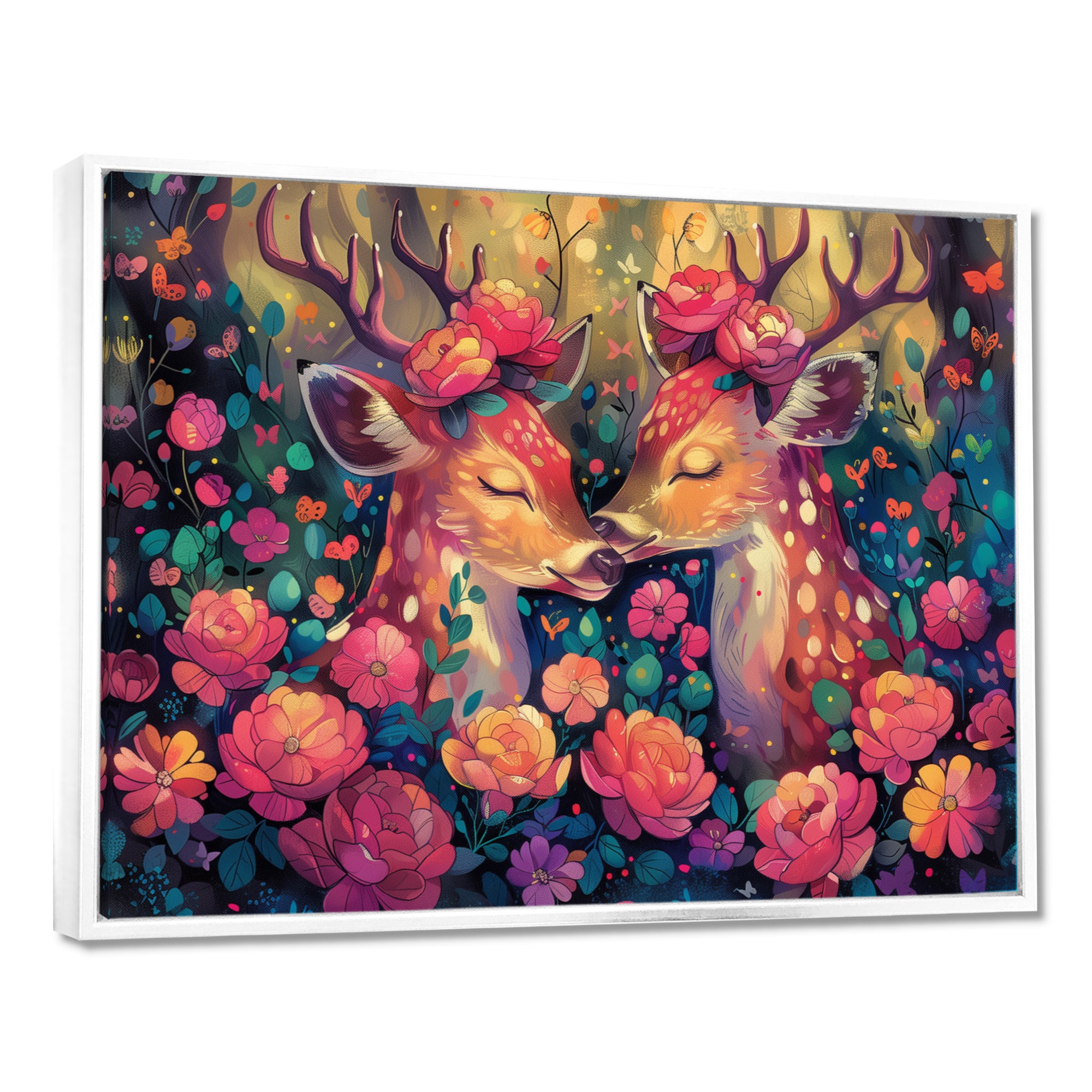 Pink green floral deer forest - Deer Framed Canvas Art