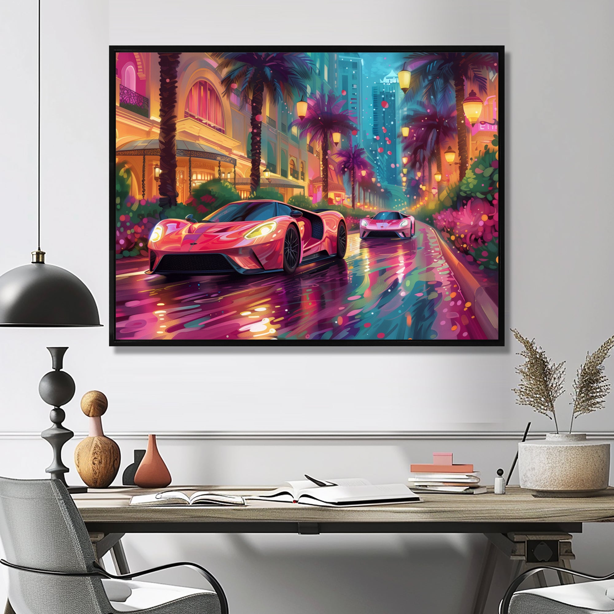 Pink blue Miami exotic cars - Car Exotic Canvas Wall Art