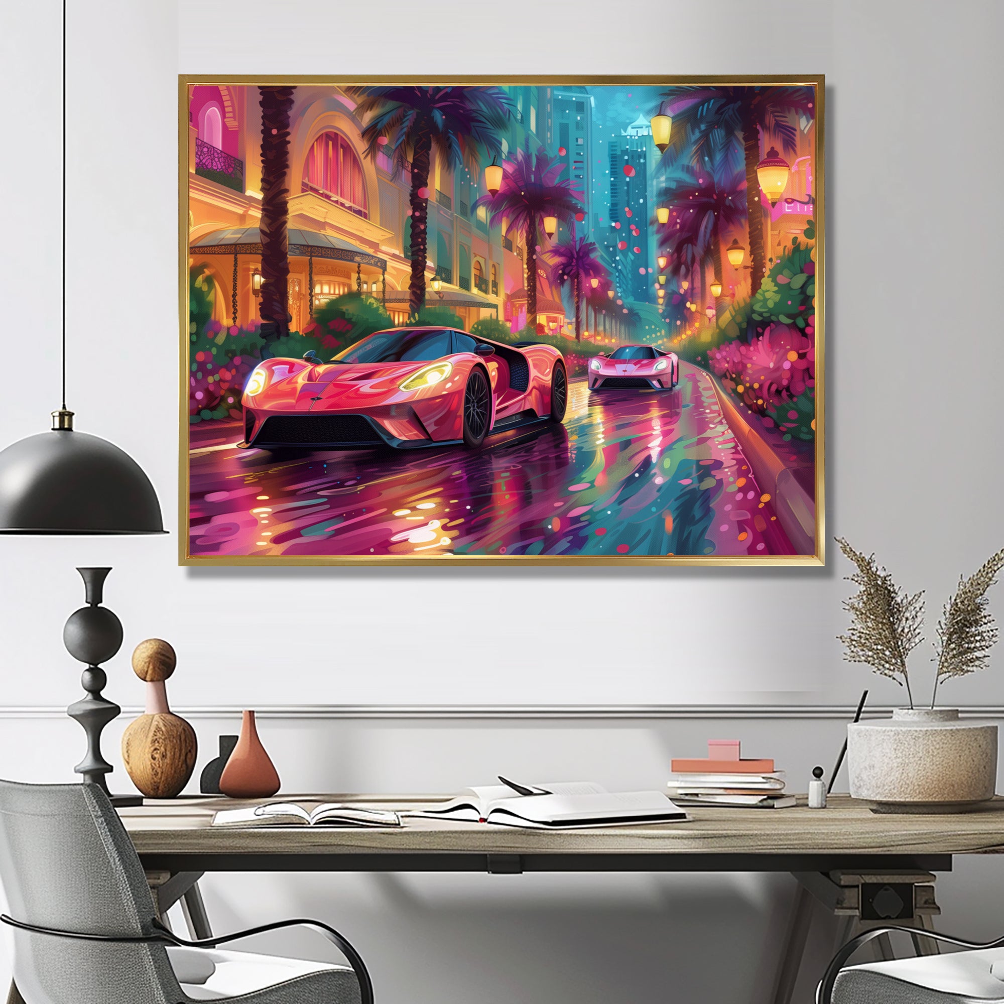Pink blue Miami exotic cars - Car Exotic Canvas Wall Art