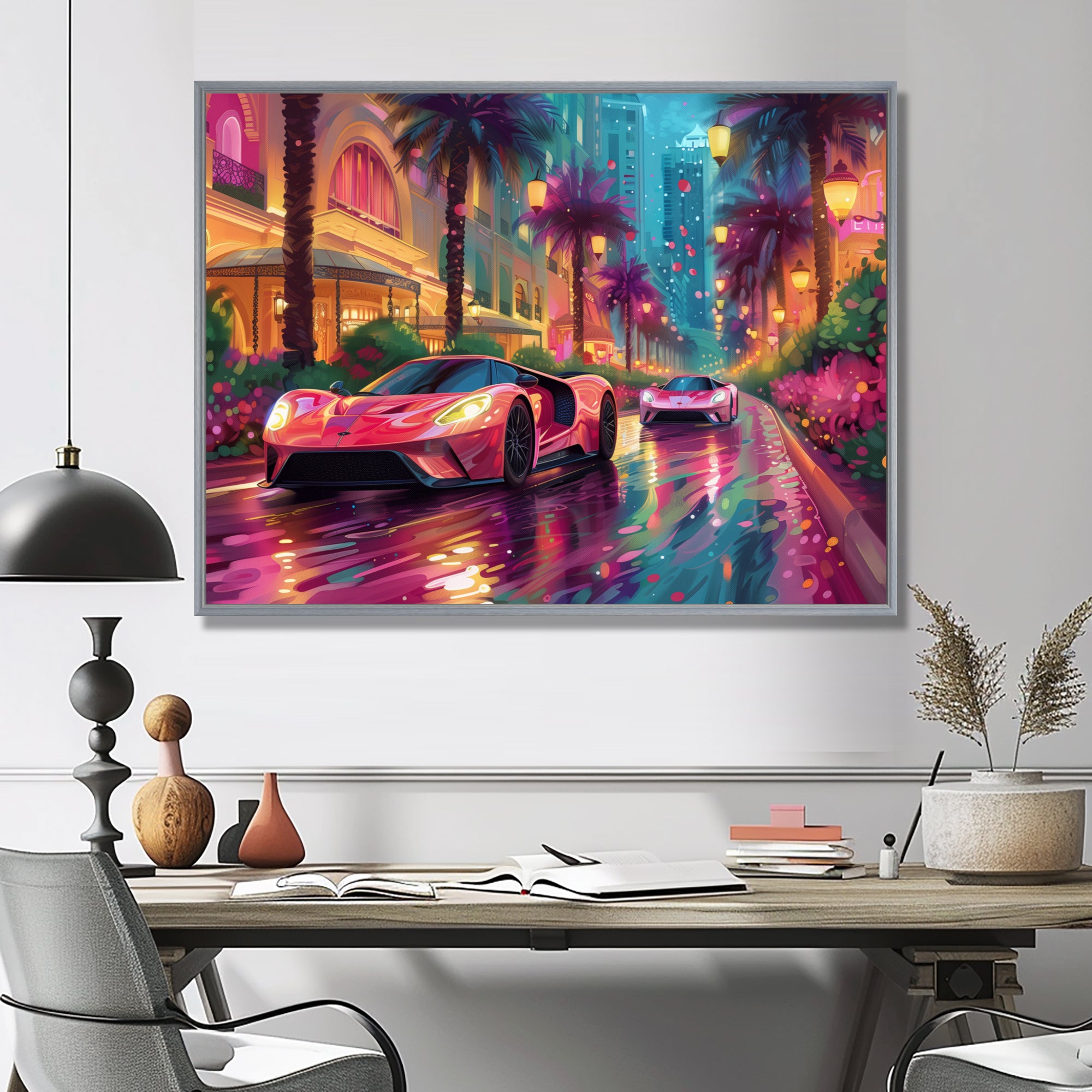 Pink blue Miami exotic cars - Car Exotic Canvas Wall Art