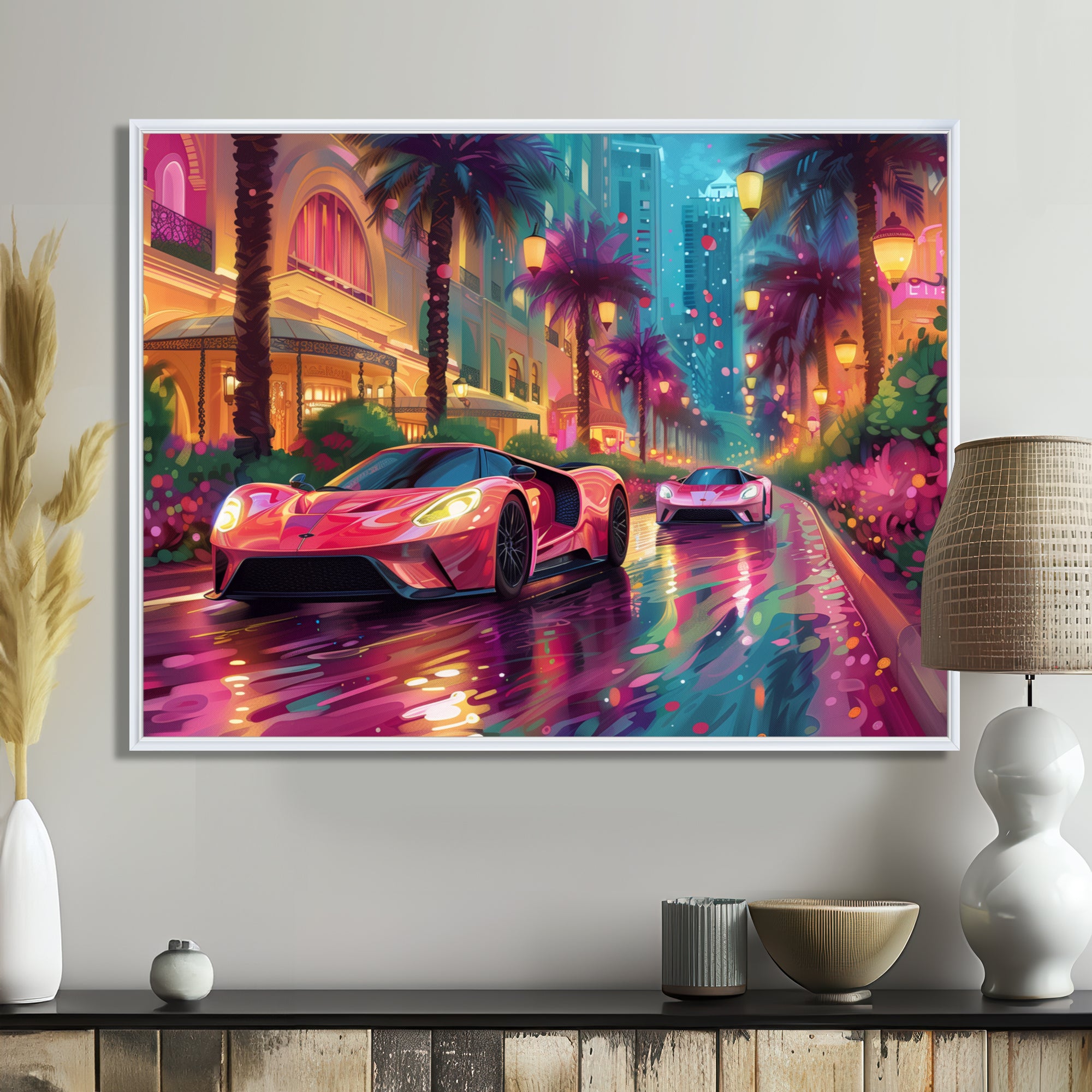 Pink blue Miami exotic cars - Car Exotic Canvas Wall Art