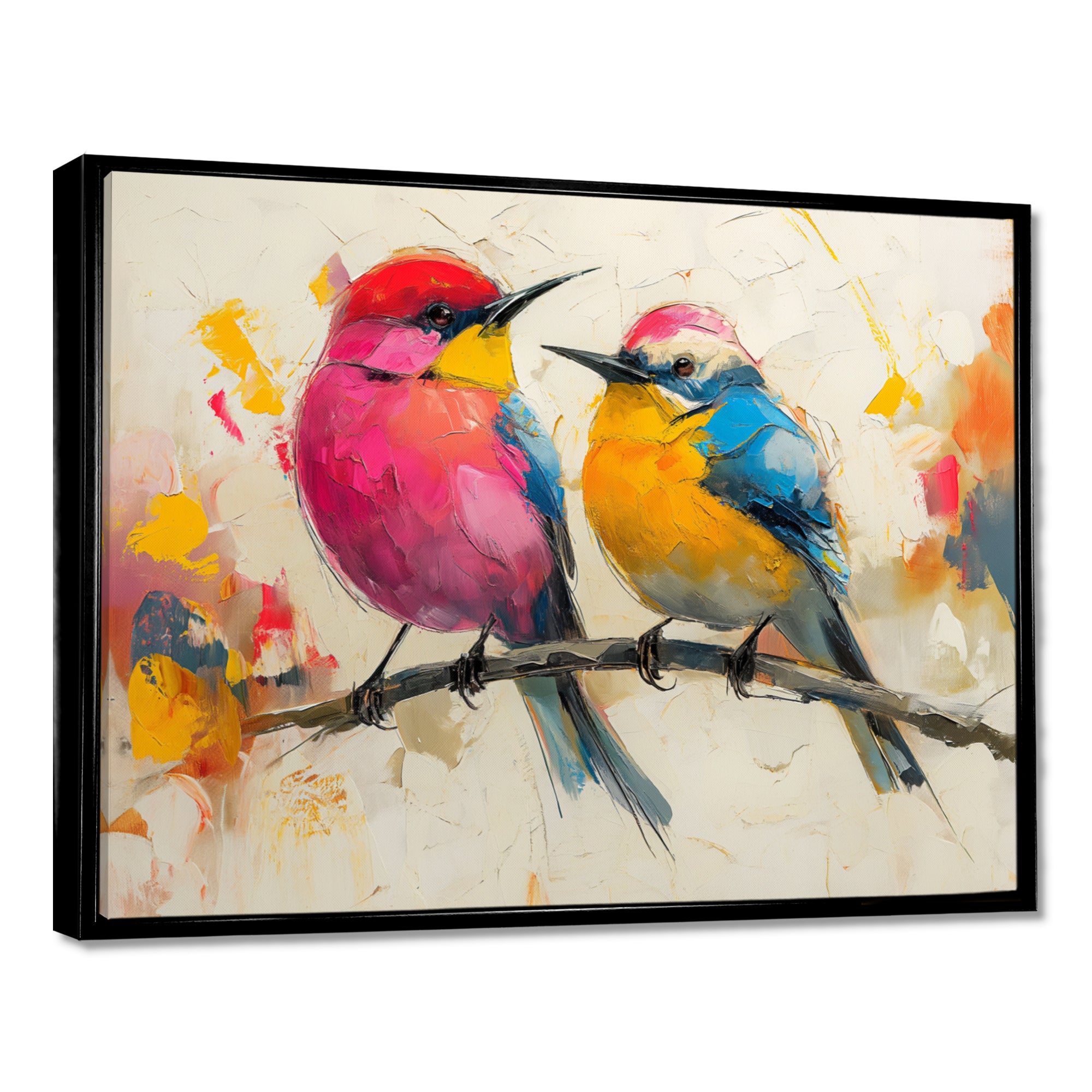 Pink yellow birds on floral branch - Bird Living Room Wall Art