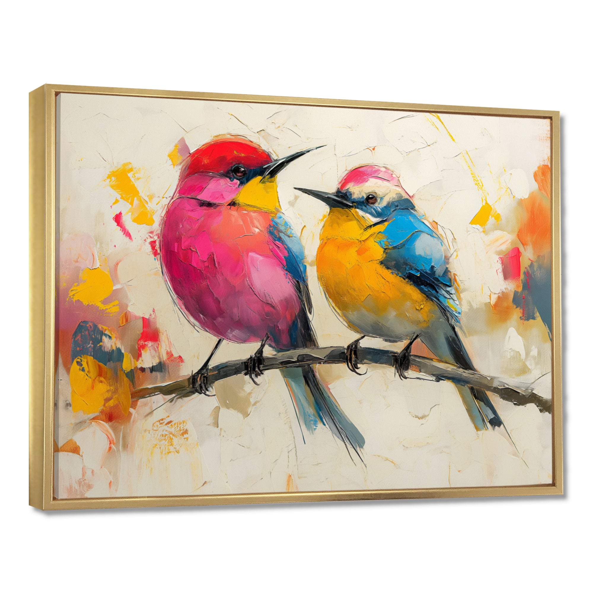 Pink yellow birds on floral branch - Bird Living Room Wall Art