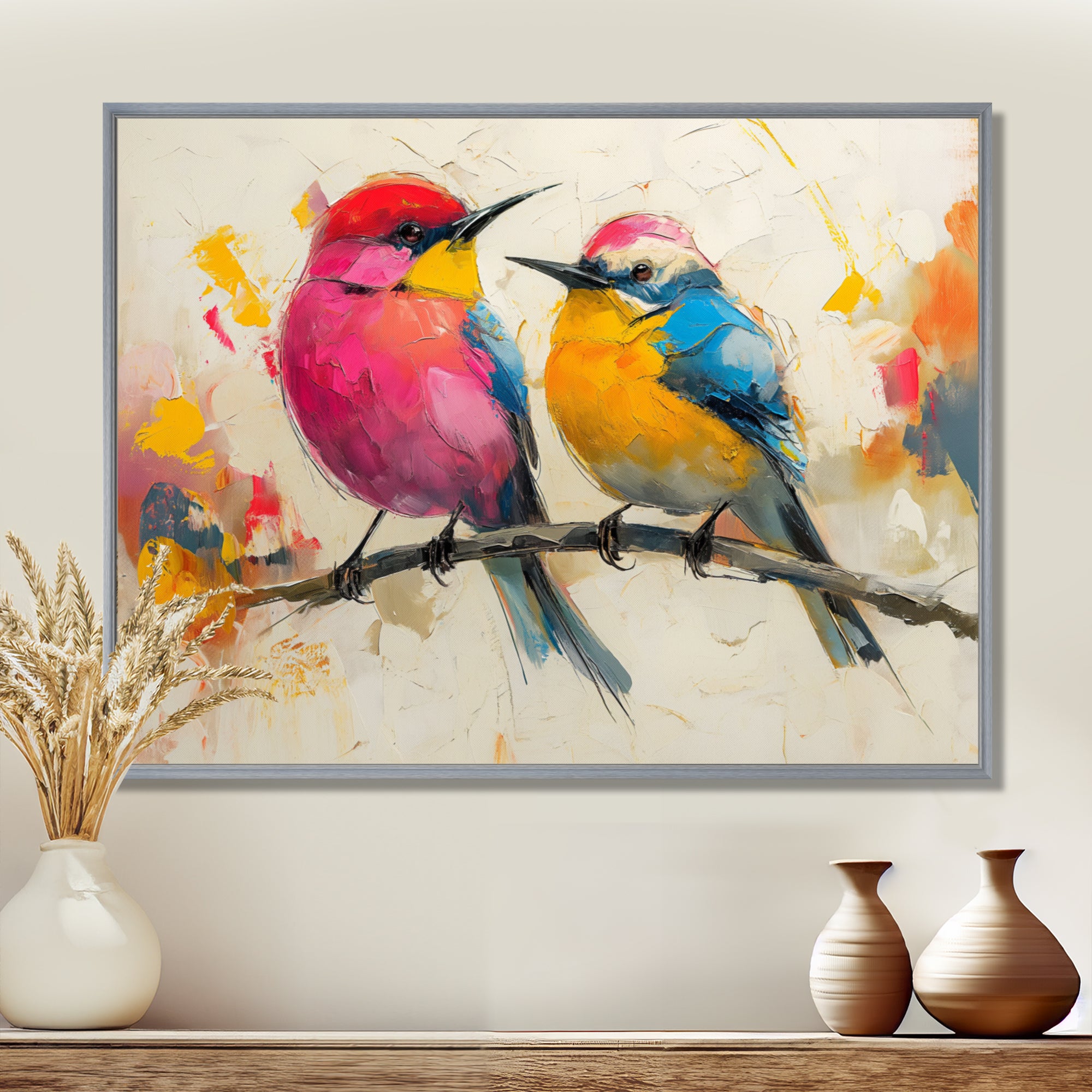 Pink yellow birds on floral branch - Bird Living Room Wall Art