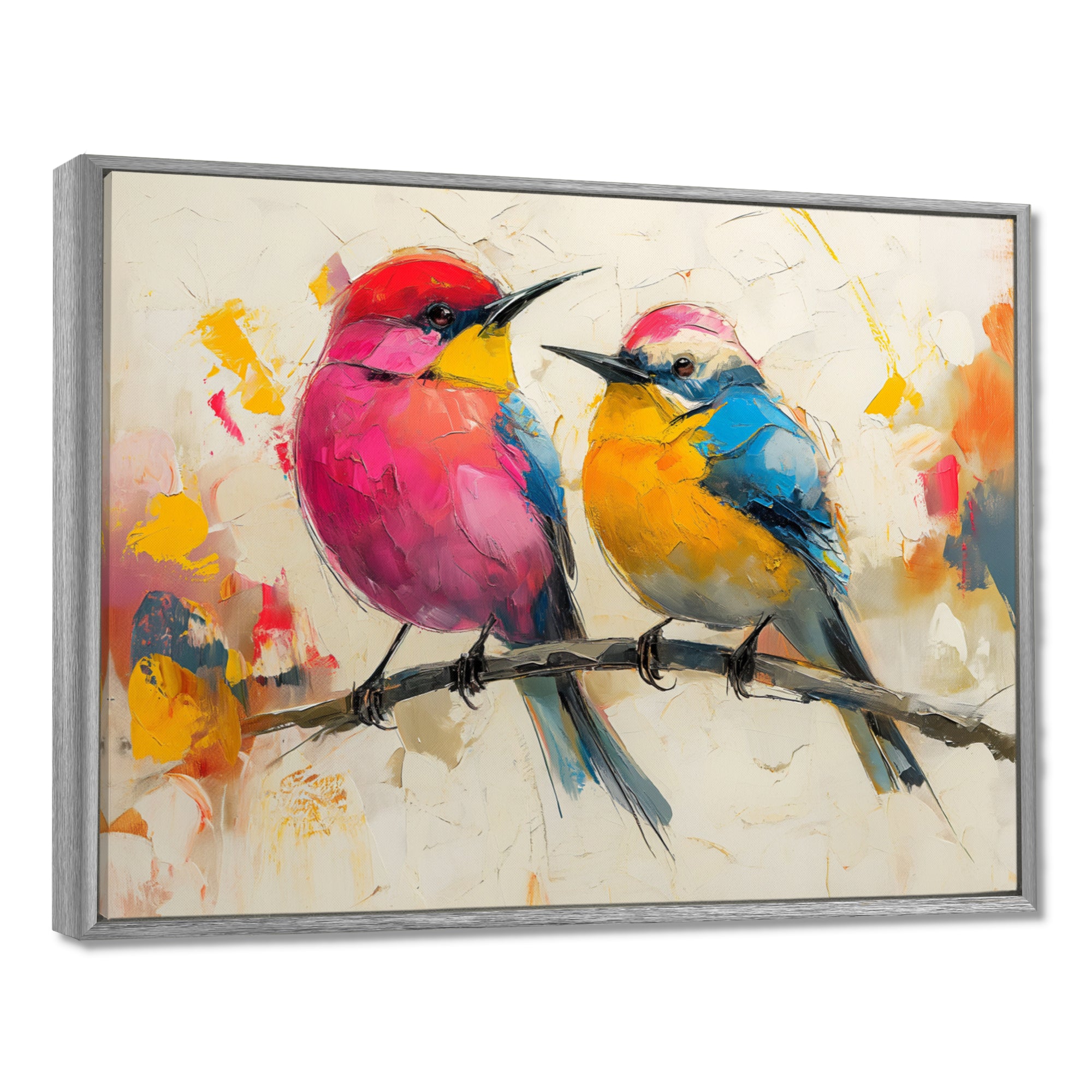 Pink yellow birds on floral branch - Bird Living Room Wall Art