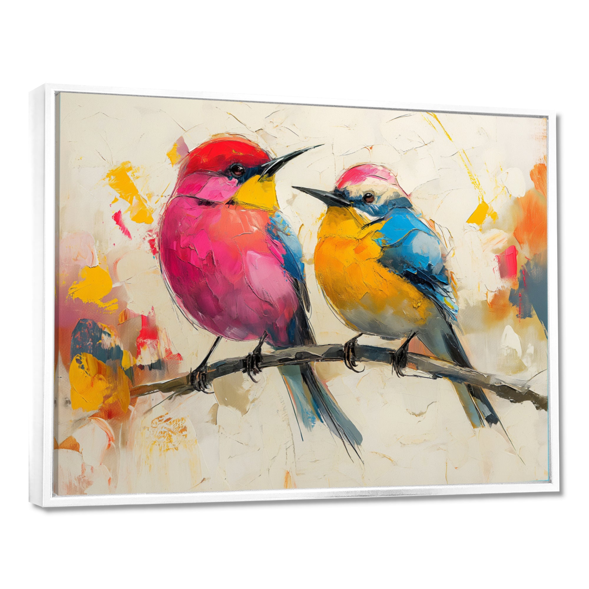 Pink yellow birds on floral branch - Bird Living Room Wall Art