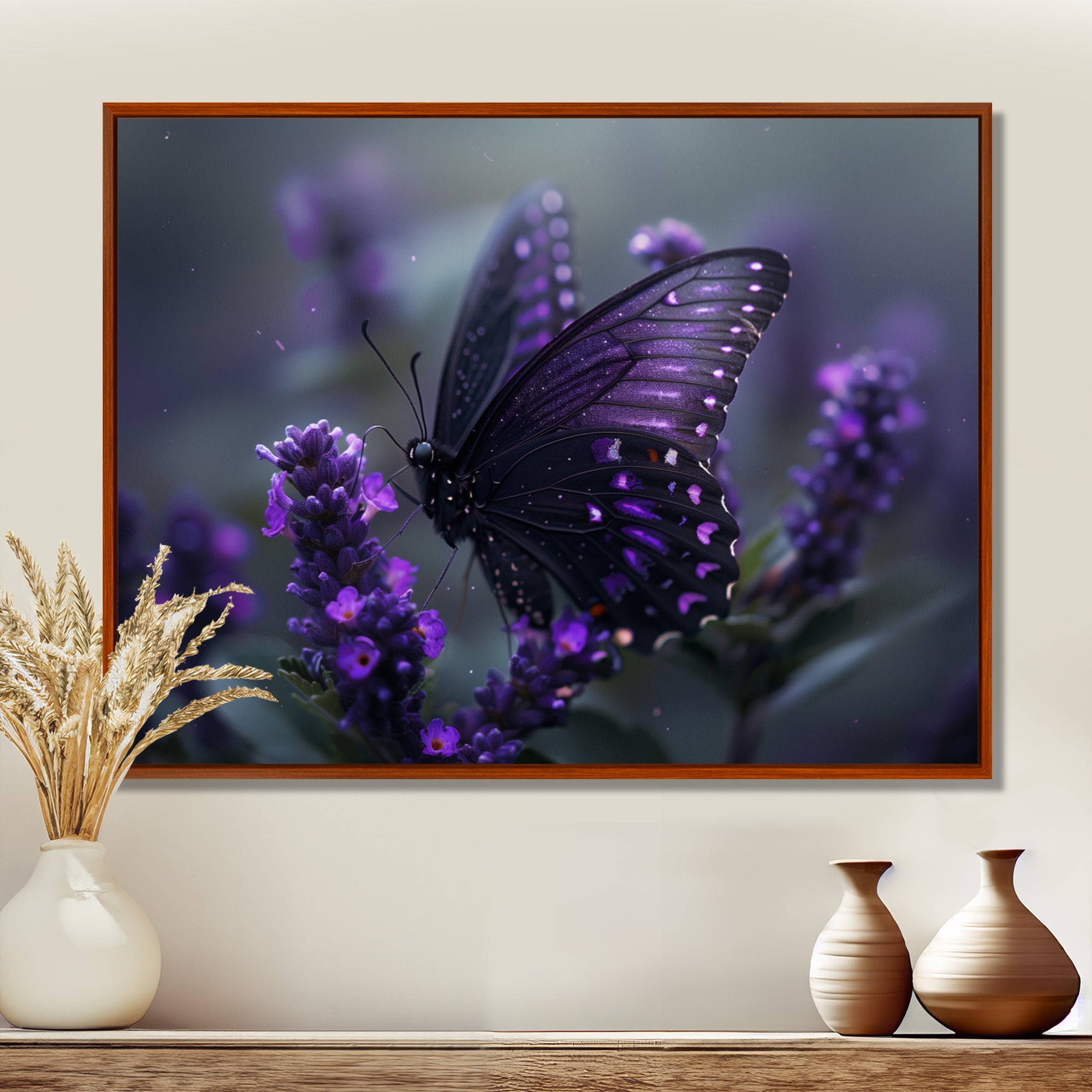 Purple black Butterfly beauty on flower - Butterfly Canvas Wall Art