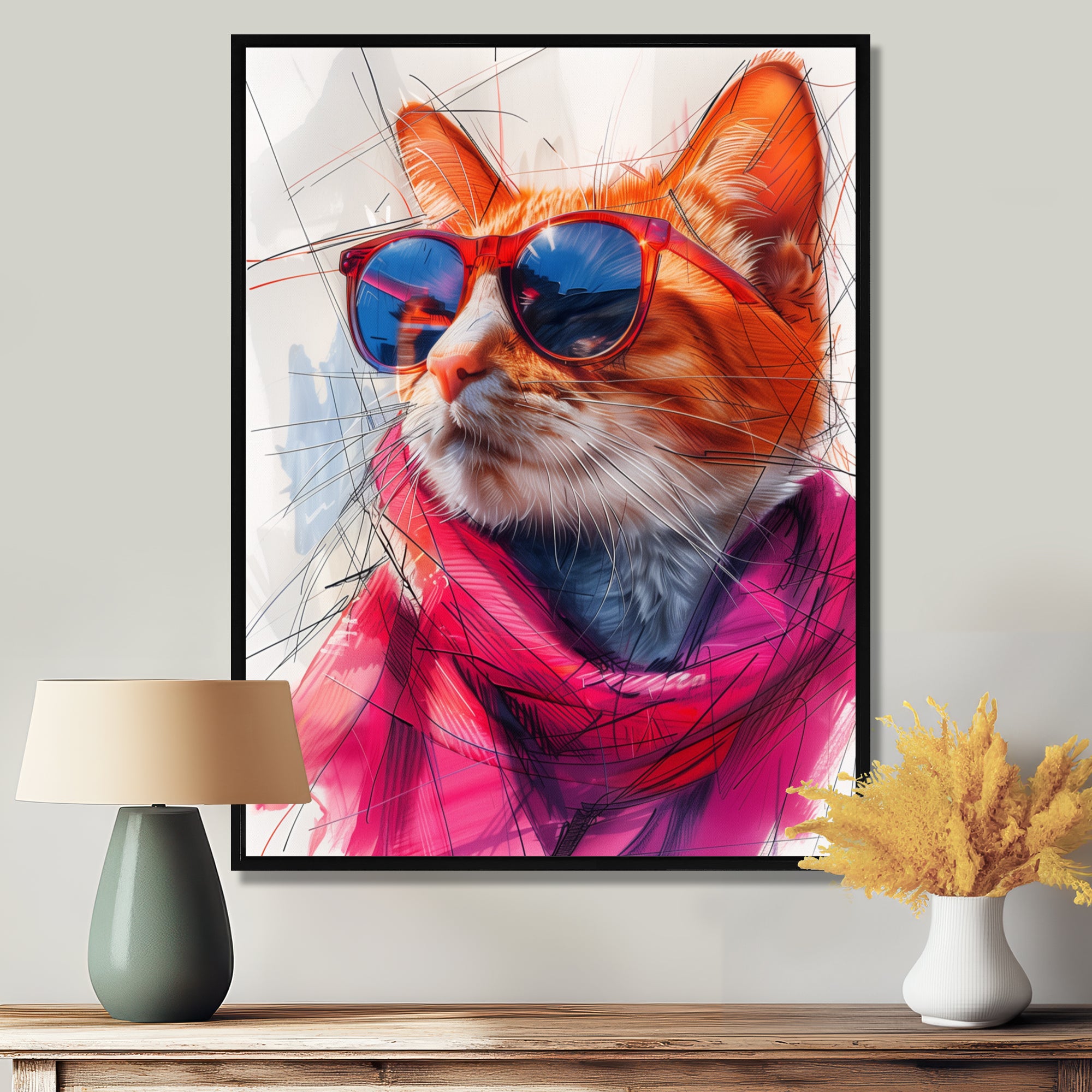 Pink blue curious cat with sunglasses - Cat Canvas Wall Art