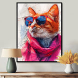 Pink blue curious cat with sunglasses - Cat Canvas Wall Art