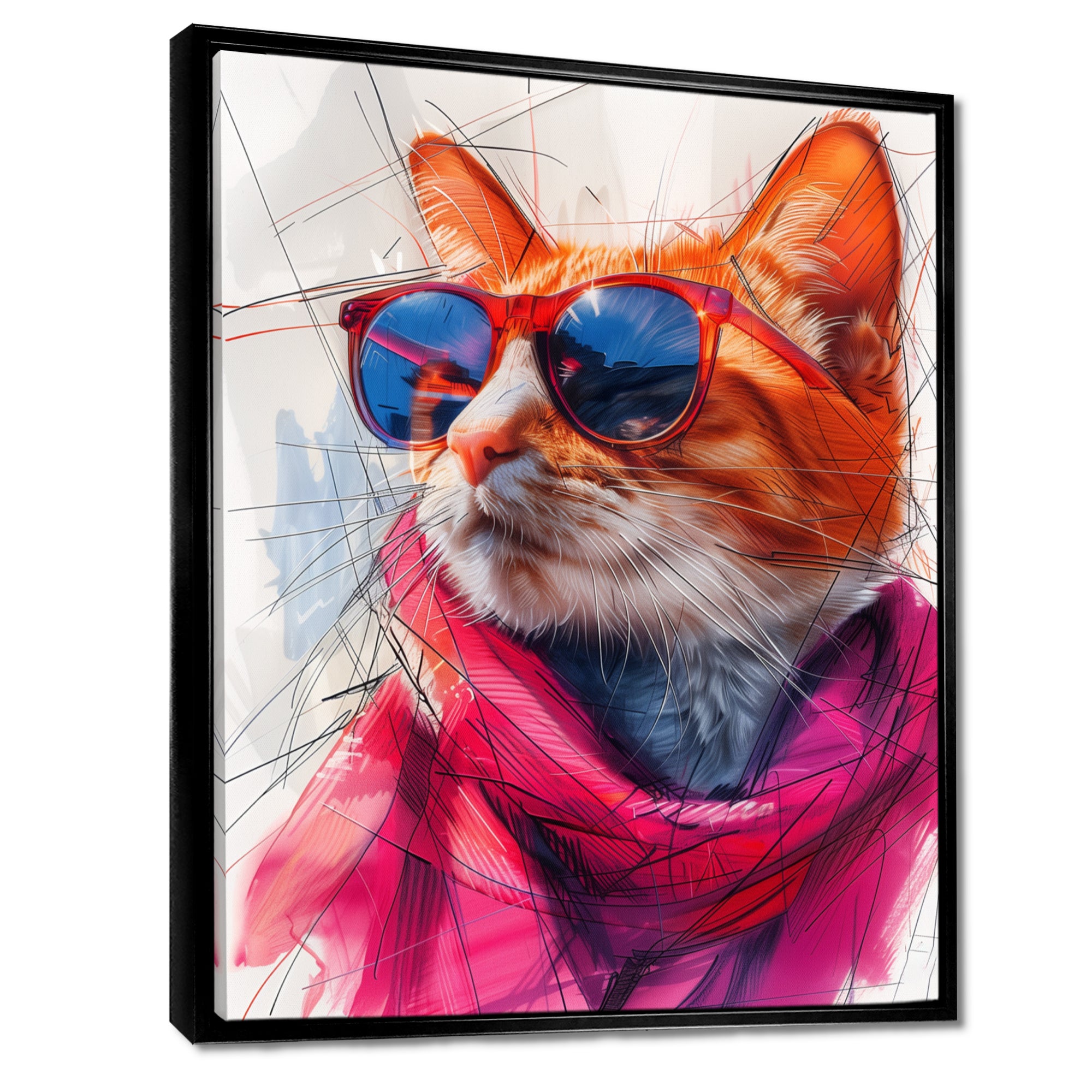 Pink blue curious cat with sunglasses - Cat Canvas Wall Art